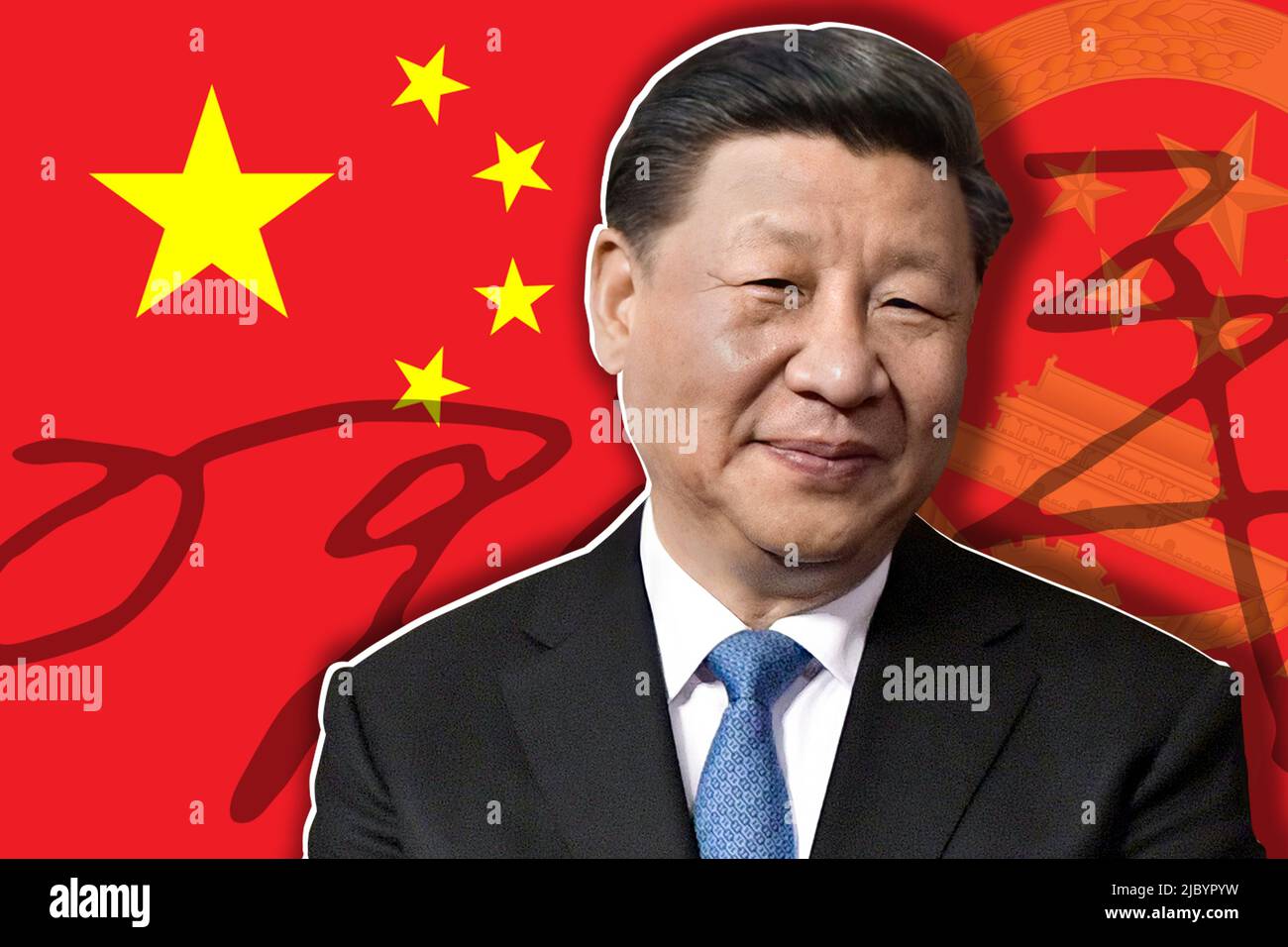 Xi Jinping, signature, drapeau de la Chine et emblème national Banque D'Images