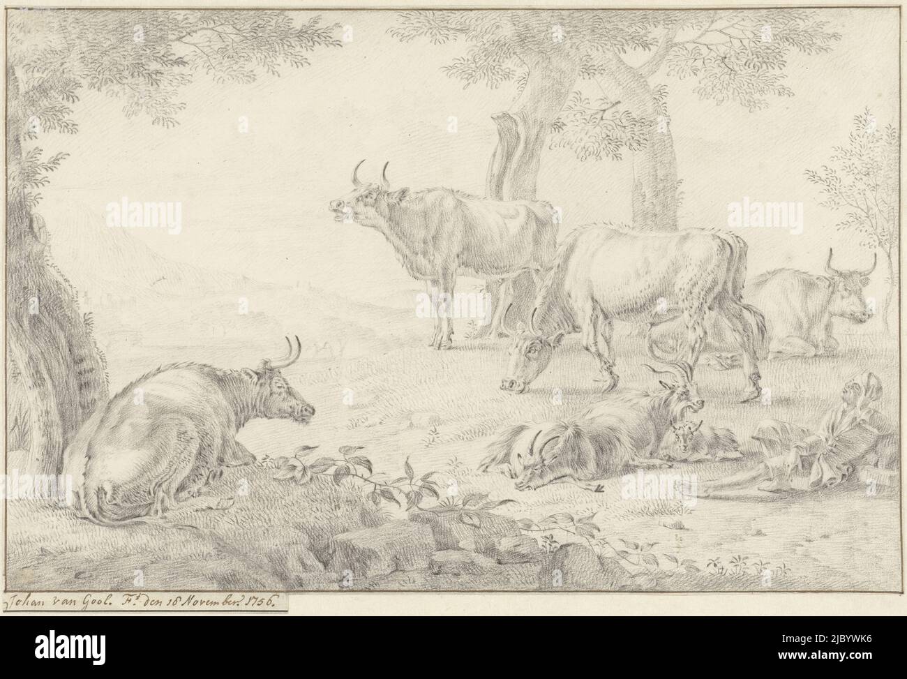 Paysage avec bétail, Jan van Gool, 1756, rapporteur pour avis: Jan van Gool, 18-Nov-1756, papier, h 201 mm × l 307 mm Banque D'Images