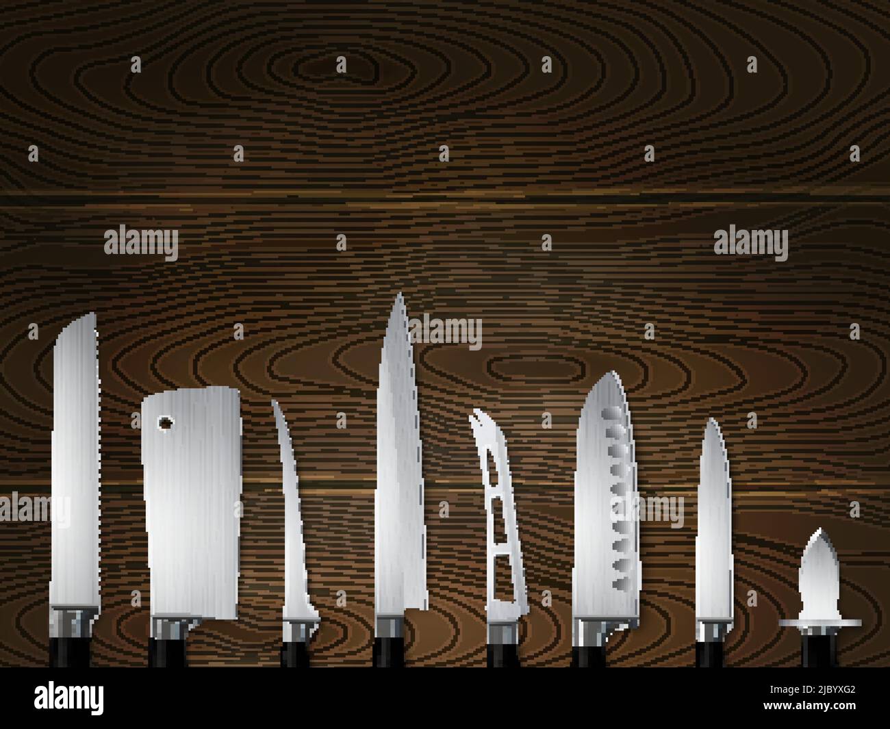 Cuisine butchers couteaux ensemble de gros plan image réaliste sur le bois texturé foncé avec trancheuse argent de cale illustration vectorielle Illustration de Vecteur