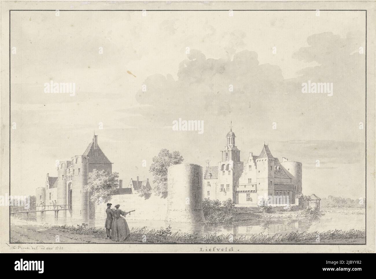 Château de Liesveld près de Groot-Ammers dans l'Alblasserwaard, Cornelis Pronk, 1731, dessinateur: Cornelis Pronk, (mentionné sur l'objet), 1731, papier, stylo, pinceau, h 164 mm × l 243 mm Banque D'Images