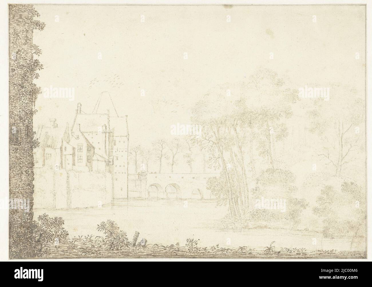 Vue d'un château, Jan van Brosterhuyzen, 1606 - 1650, vue d'un château, allongé dans l'eau; à droite un groupe d'arbres., rapporteur pour avis: Jan van Brosterhuyzen, 1606 - 1650, papier, stylo, h 185 mm × l 261 mm Banque D'Images