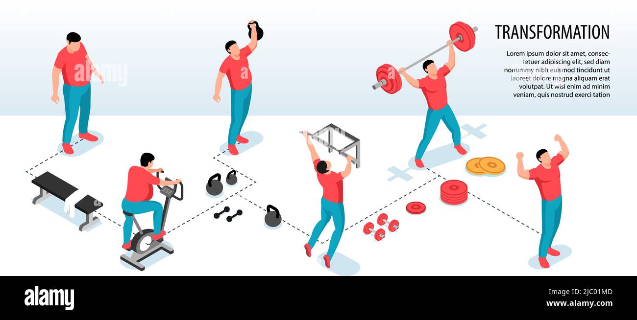 Image infographique horizontale de sport de forme physique isométrique avec des personnages humains de gras personnes perdant du poids pendant les exercices de sport illustration vectorielle Illustration de Vecteur