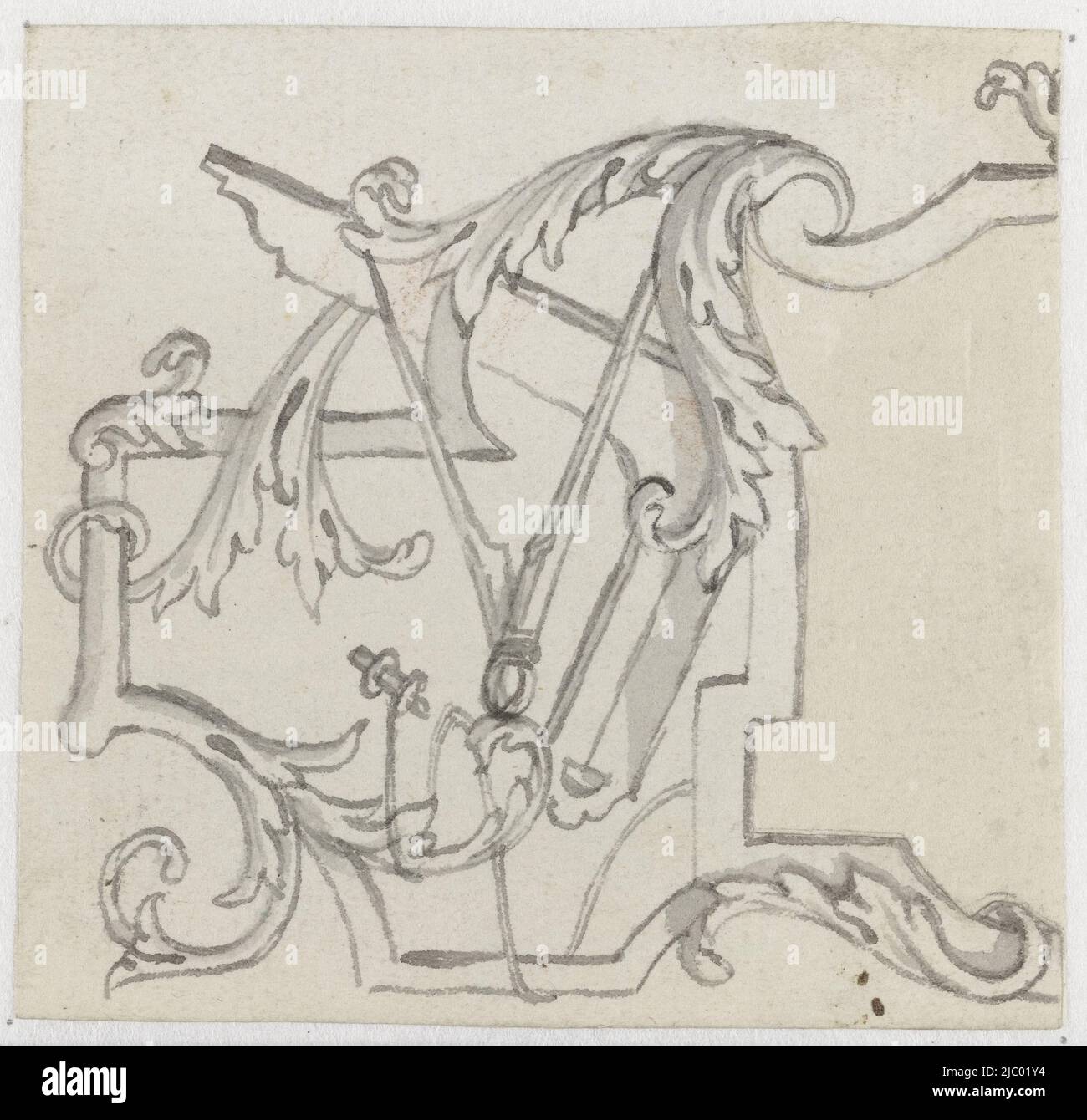 Ornement avec des tendriles, une boussole et un carré, Pieter Jansz, 1630 - 1672, Design for a print., dessinateur: Pieter Jansz., 1630 - 1672, papier, stylo, brosse, h 62 mm × l 65 mm Banque D'Images