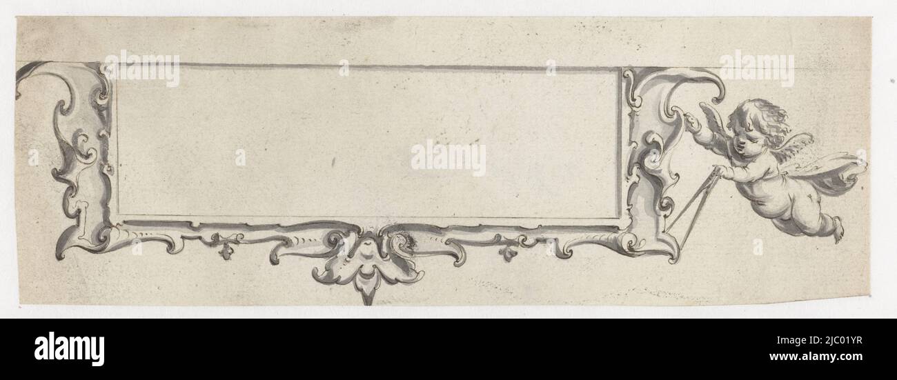 Cartouche avec un putto volant, Pieter Jansz, 1630 - 1672, Design for a print., dessinateur: Pieter Jansz., 1630 - 1672, papier, stylo, brosse, h 65 mm × l 192 mm Banque D'Images