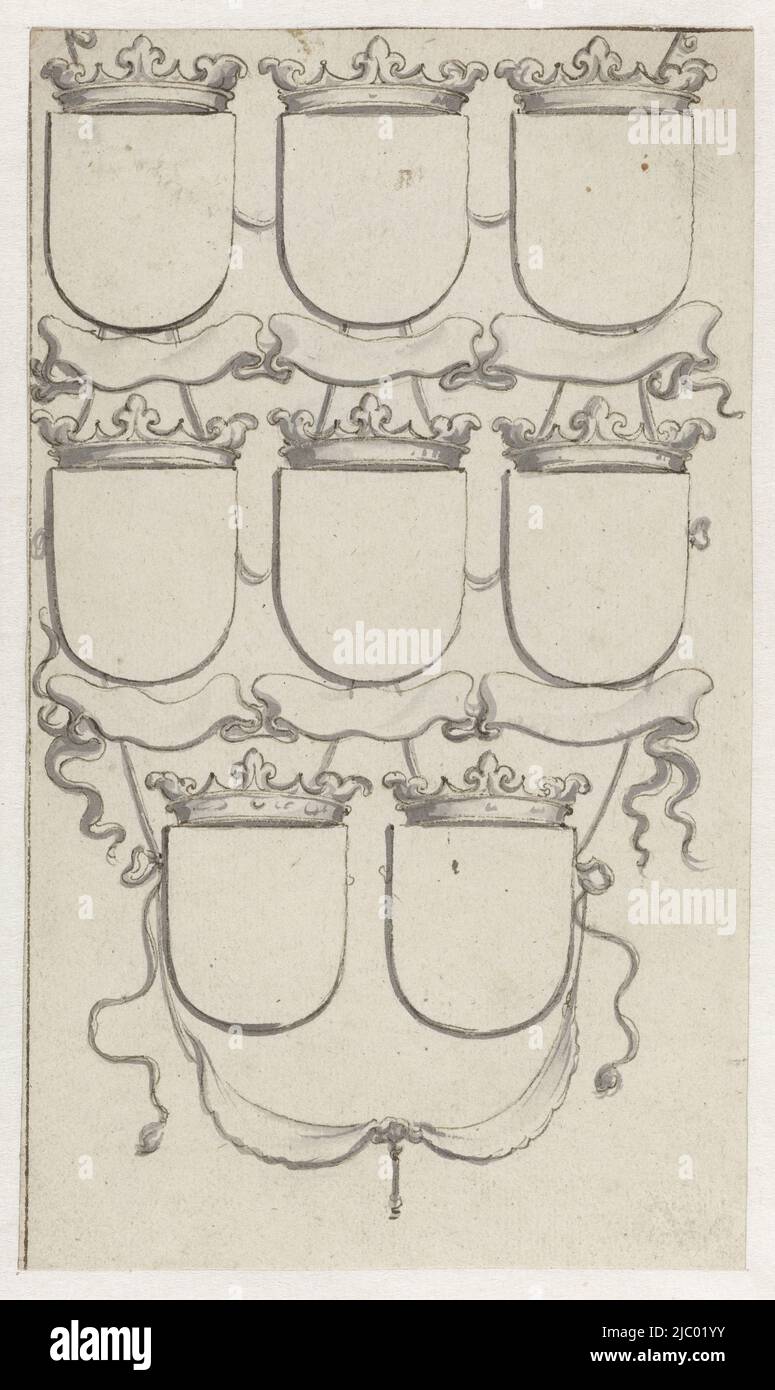 Huit armoiries vierges, Pieter Jansz, 1630 - 1672, Design for a print., dessinateur: Pieter Jansz., 1630 - 1672, papier, stylo, brosse, h 170 mm × l 100 mm Banque D'Images