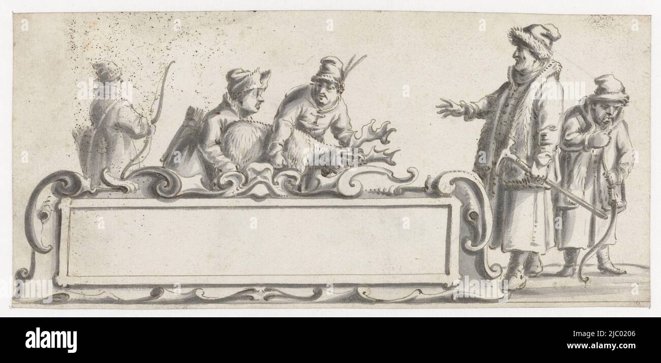Cartouche avec cinq sâmes et un renne de tir, Pieter Jansz, 1630 - 1672, Design for a print., dessinateur: Pieter Jansz., 1630 - 1672, papier, stylo, brosse, h 92 mm × l 198 mm Banque D'Images