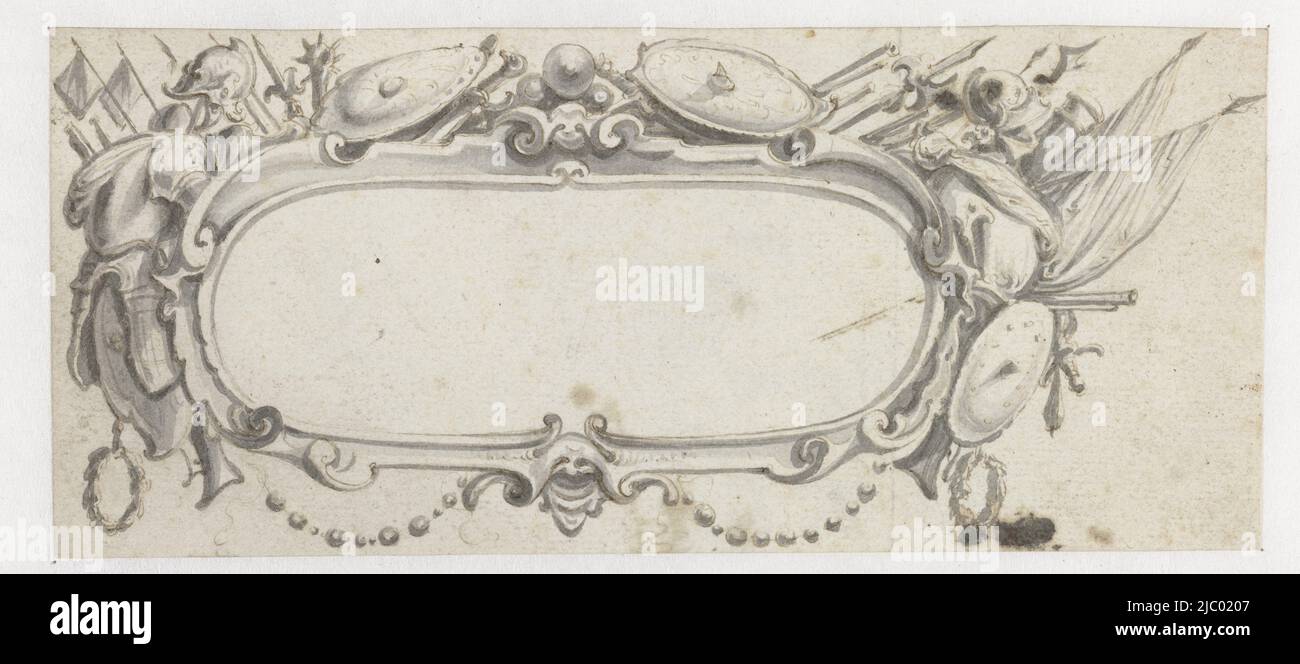 Cartouche ovale entourée de armoiries, Pieter Jansz, 1630 - 1672, Design for a print., dessinateur: Pieter Jansz., 1630 - 1672, papier, stylo, brosse, h 73 mm × l 169 mm Banque D'Images