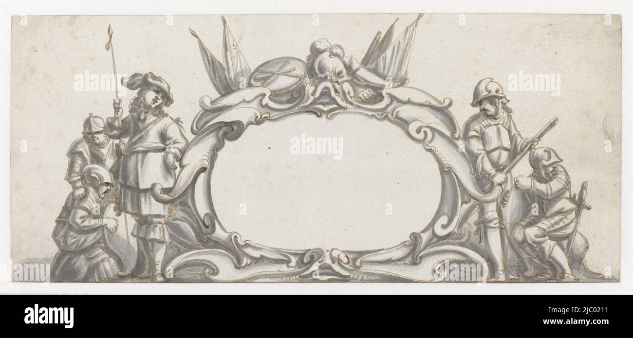 Cartouche flanquée de cinq soldats, Pieter Jansz, 1630 - 1672, possibilité de dessin pour une impression., dessinateur: Pieter Jansz., 1630 - 1672, papier, stylo, brosse, h 104 mm × l 235 mm Banque D'Images