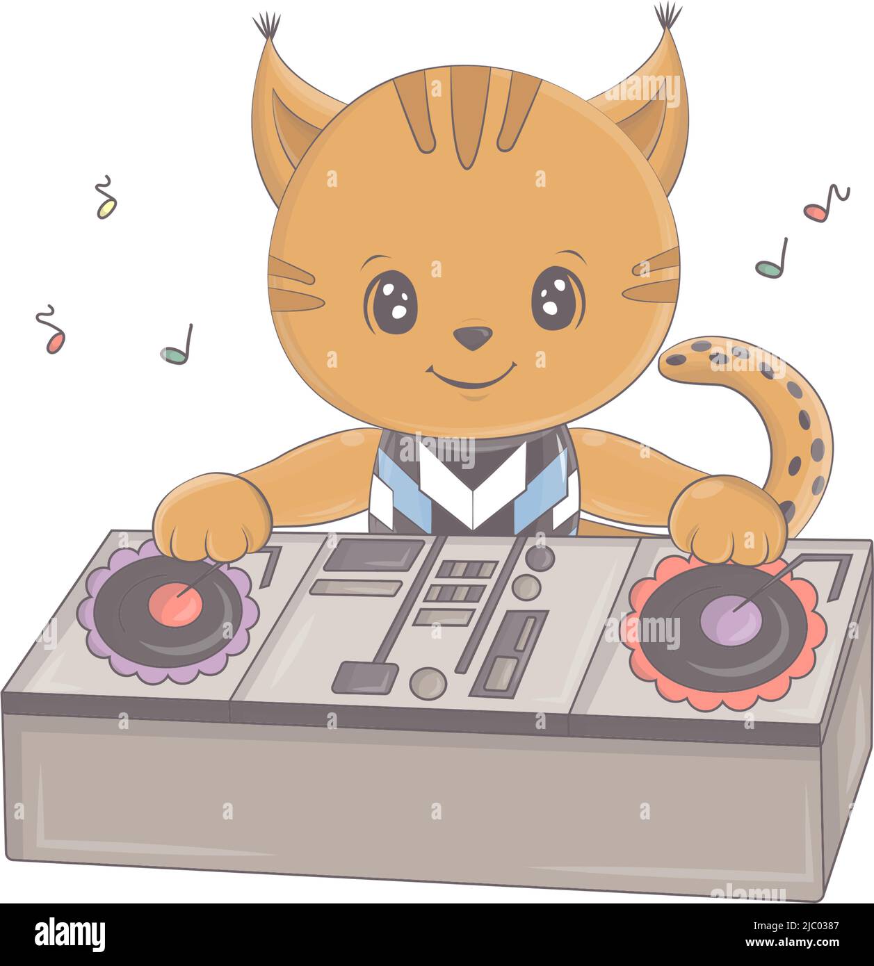 Illustration d'un lynx derrière une console DJ. Illustration vectorielle d'un animal mignon. Jolie petite illustration lynx pour enfants, contes de fées, couvertures, bébé Illustration de Vecteur