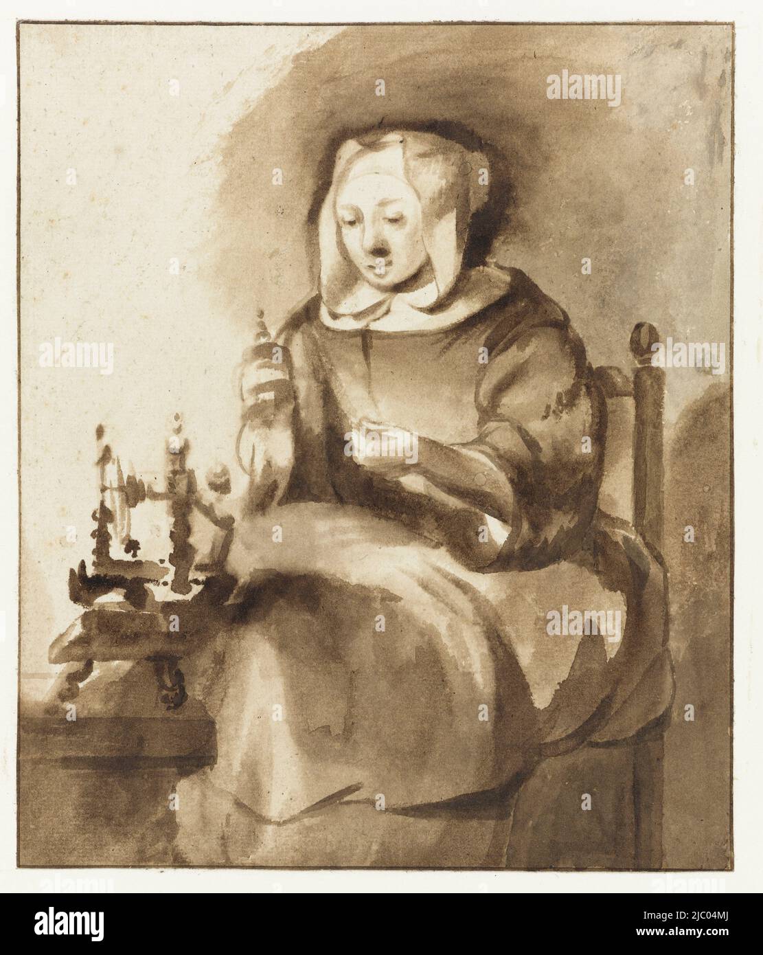 Woman spinning, Gerbrand van den Eeckhout, 1653 - 1657, rapporteur pour avis: Gerbrand van den Eeckhout, 1653 - 1657, papier, brosse, h 170 mm × l 144 mm Banque D'Images