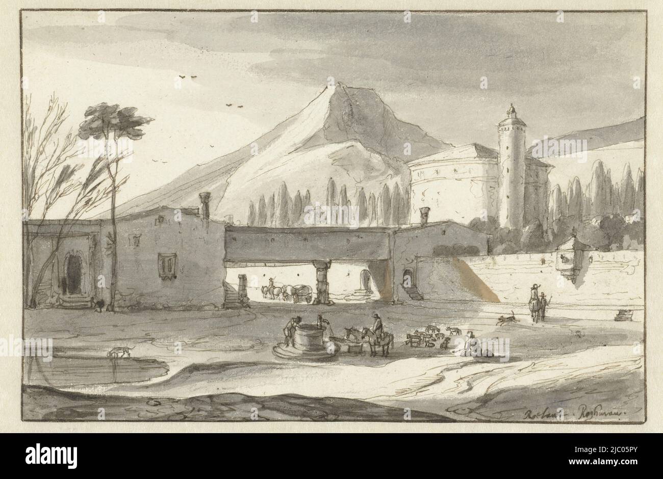 Paysage montagneux, Italianate avec une Rotunda Church, Roelant Roghman, c. 1660 - c. 1670, rapporteur pour avis: Roelant Roghman, c. 1660 - c. 1670, papier, stylo, pinceau, h 154 mm × l 232 mm Banque D'Images