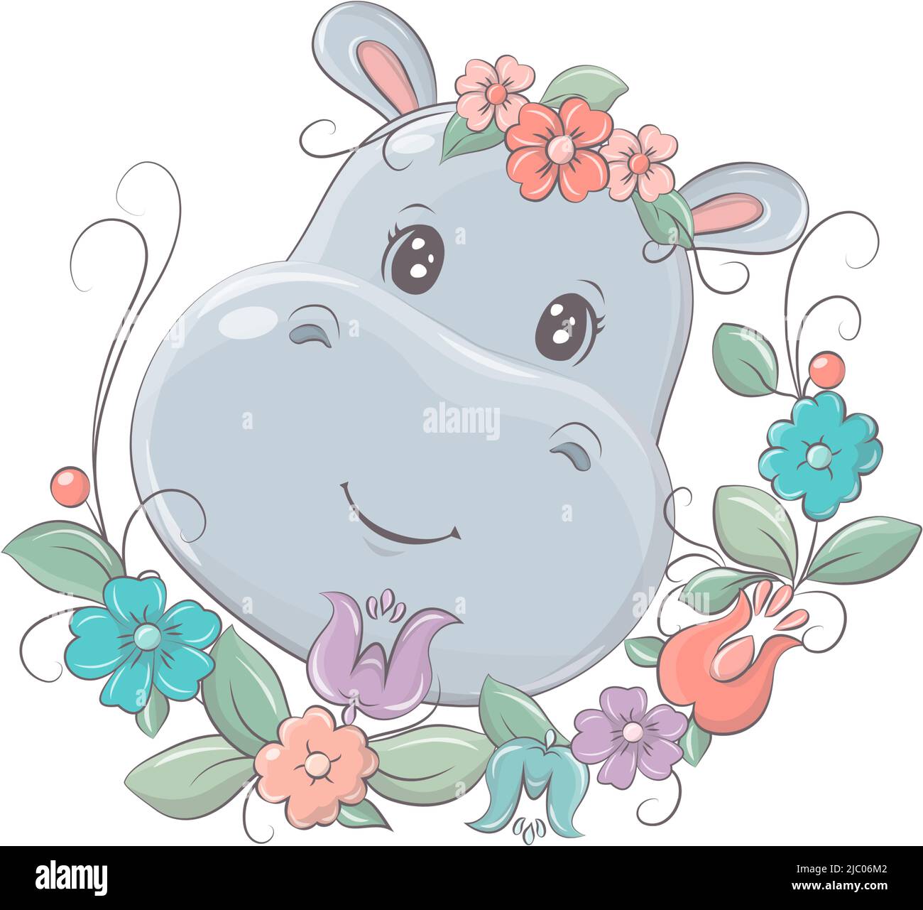 Dessin animé d'un hippopotame sur fond floral. Mignon petite illustration de l'hippopotame pour les enfants, livre de bébé, contes de fées, douche de bébé, textile t Illustration de Vecteur