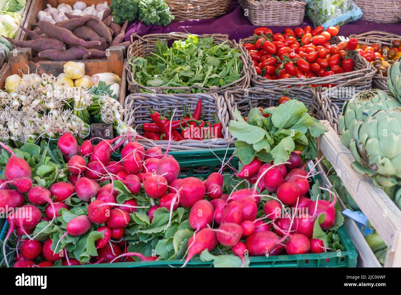 Légumes frais à vendre dans un magasin de détail en plein air, vue rapprochée. Produits biologiques, marke agricole à Amsterdam Banque D'Images