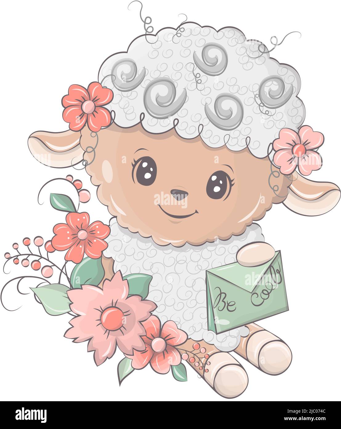 Illumination de l'agneau mignon. Moutons entourés de fleurs. Mignon petite illustration de l'agneau pour les enfants, livre de bébé, contes de fées, invitation de douche de bébé Illustration de Vecteur