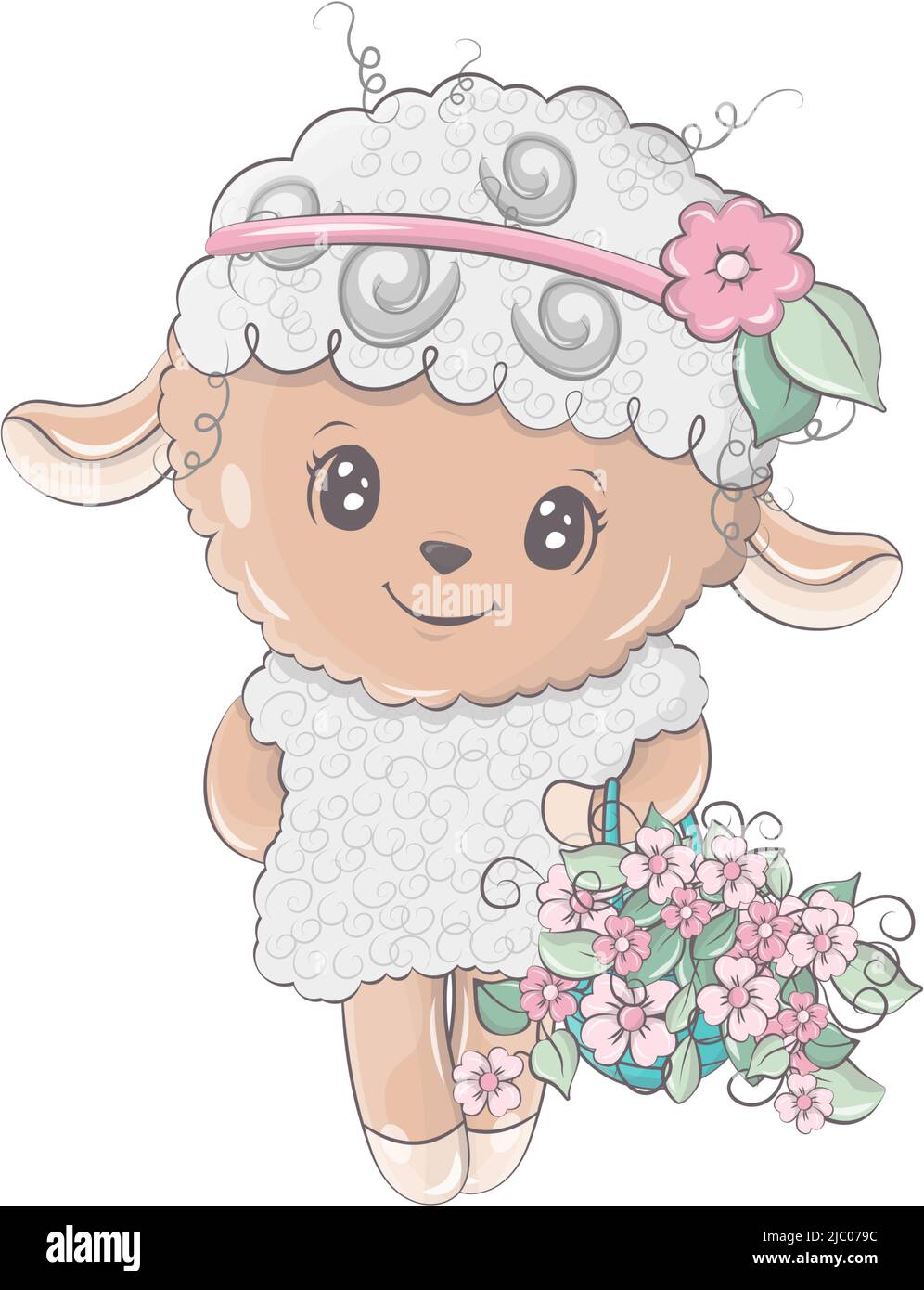 Pince de mouton drôle art. Sheep avec un panier de fleurs. Mignon petite illustration de l'agneau pour les enfants, livre de bébé, contes de fées, invitation de douche de bébé Illustration de Vecteur