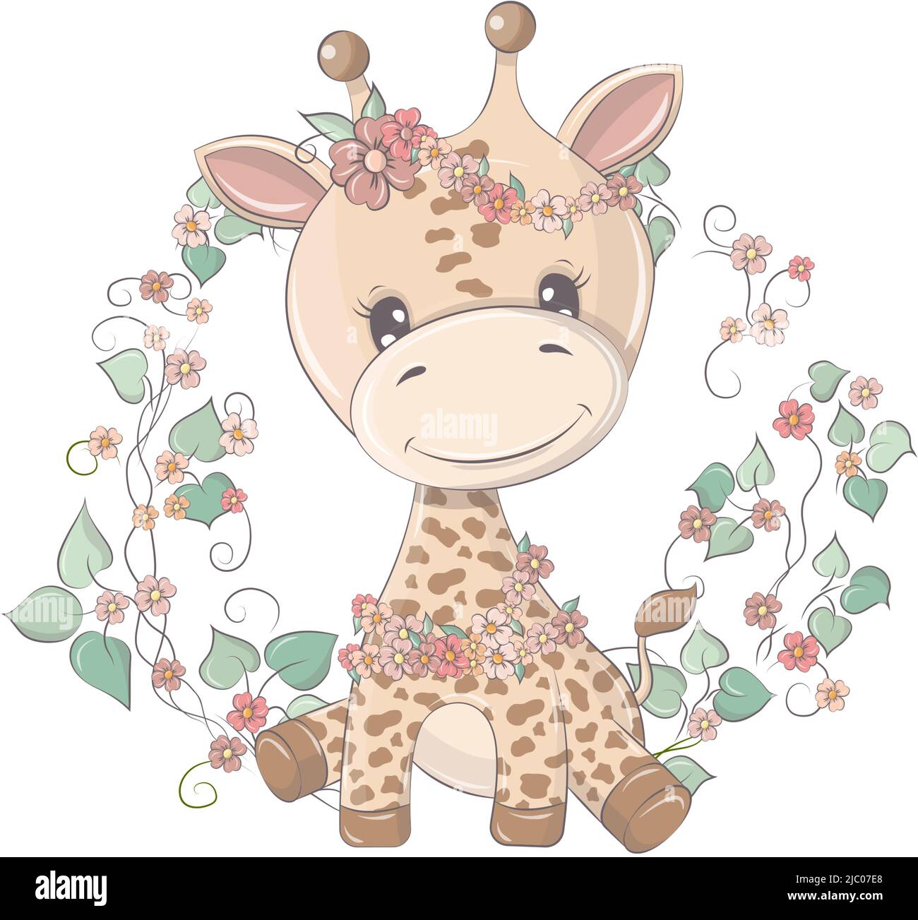 Girafe dans un drôle de style de dessin animé. Illustration d'animaux mignons pour produits pour bébés. L'animal dans le vecteur sourit cutely et a de beaux yeux Illustration de Vecteur