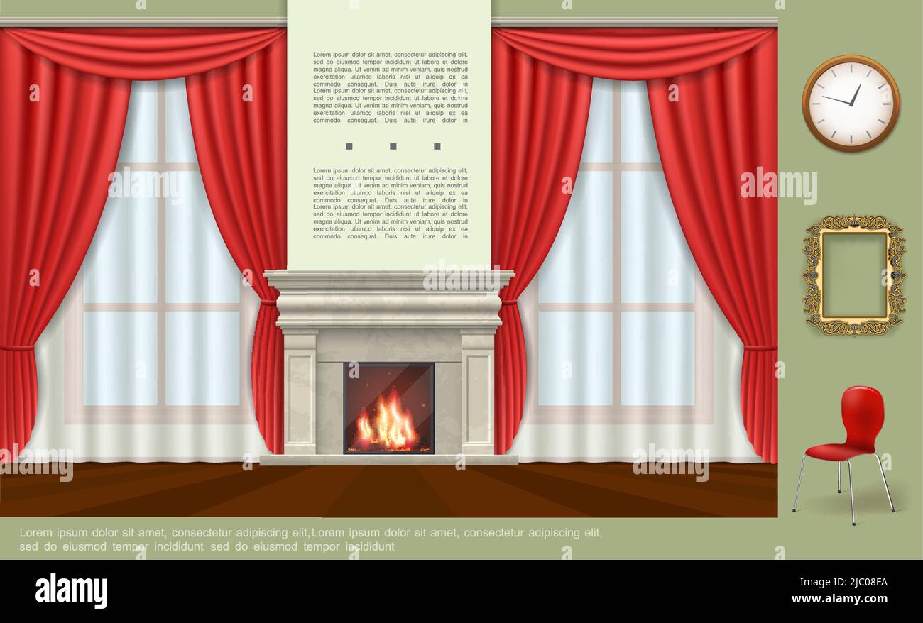 Modèle intérieur de maison moderne réaliste avec cheminée rideaux rouges horloge cadre décoratif chaise confortable illustration vectorielle Illustration de Vecteur
