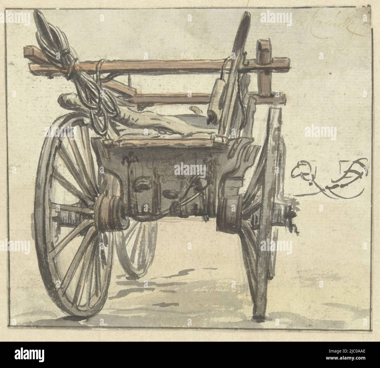 Arrière d'un chariot à quatre roues, dessinateur: Simon Andreas Krausz, 1770 - 1825, papier, brosse, h 142 mm × l 162 mm Banque D'Images