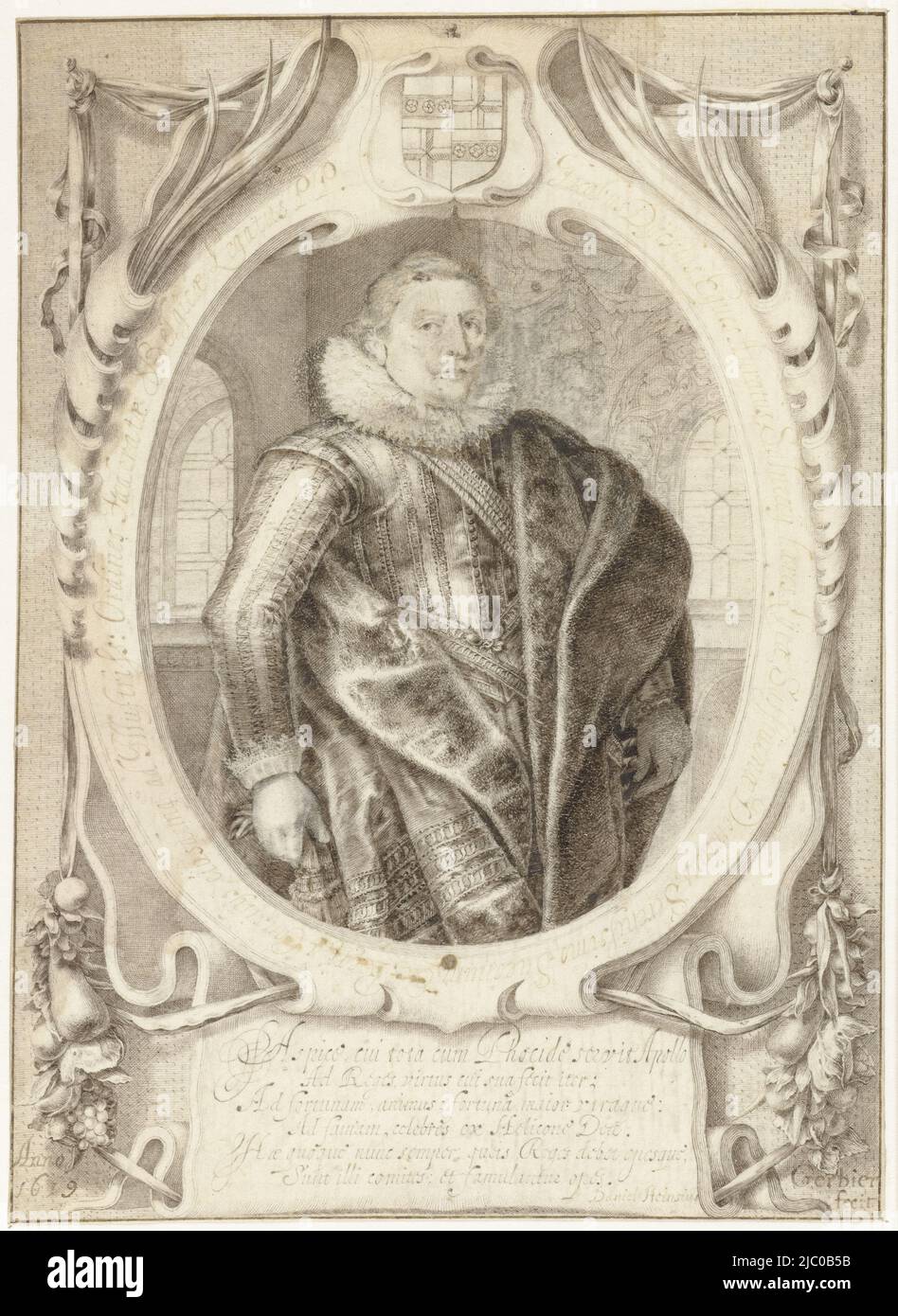 Portrait de Jacob van Dijck, ambassadeur suédois, Portrait de Jacob van Dijck, dessinateur: Balthazar Gerbier d'Ouvilly, Daniël Heinsius, 1619, parchemin (matériel animal), stylo, h 171 mm × l 123 mm Banque D'Images