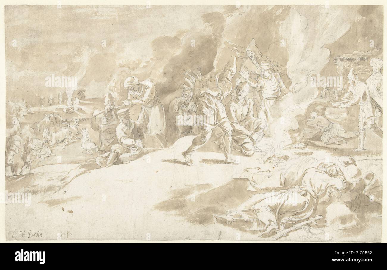 Soldats turcs autour d'un feu de camp, papier, pinceau, h 258 mm × l 412 mm Banque D'Images