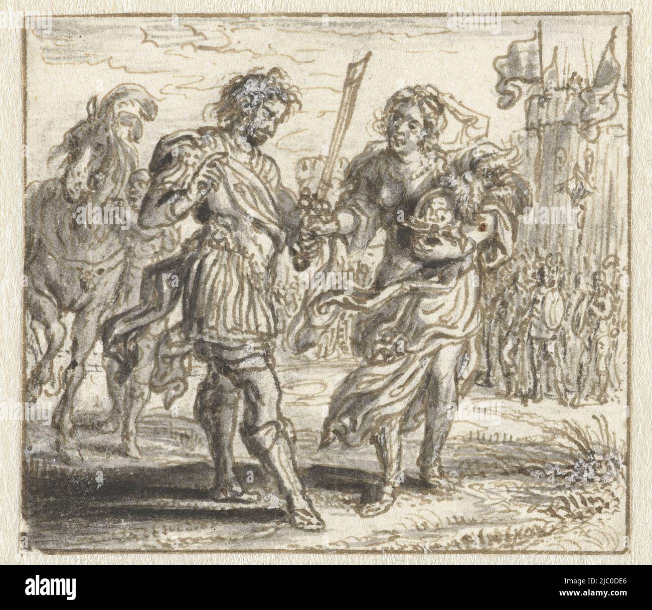 Design pour une impression, Andromache dit Au revoir à Hector, dessinateur: Adriaen Pietersz. Van de Venne, 1629 - 1634, papier, stylo, pinceau, h 50 mm × l 56 mm Banque D'Images