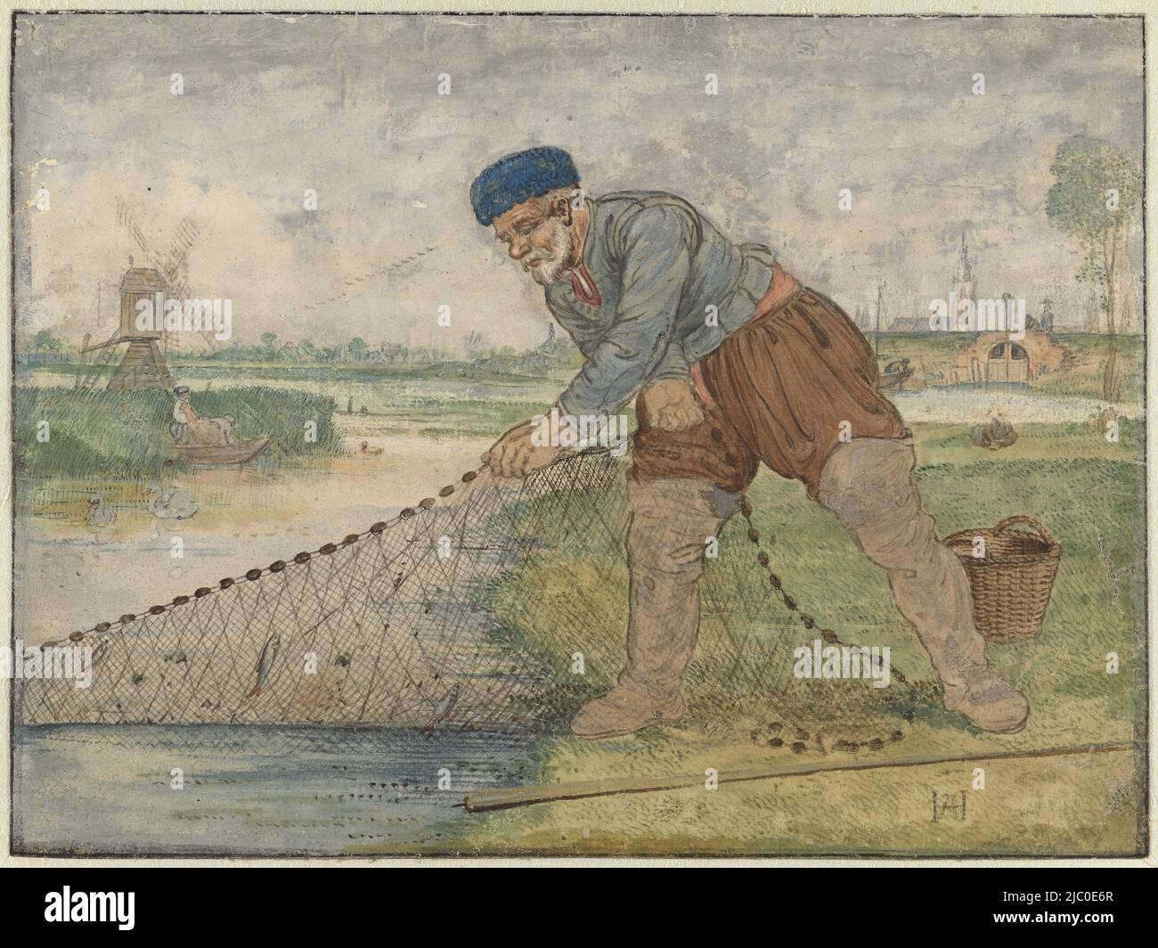 A Fisherman Hauling in HIS Net, rapporteur pour avis: Hendrick Avercamp, c. 1625 - c. 1630, papier, stylo, pinceau, h 145 mm × l 195 mm Banque D'Images