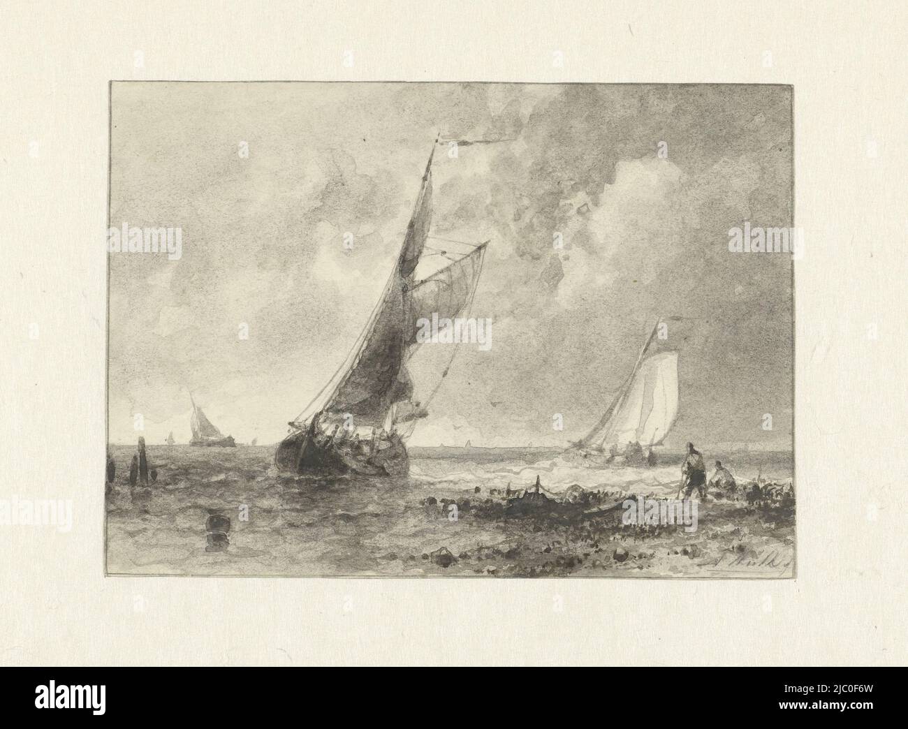 Voiliers simples au large de la côte, dessinateur: Abraham Hulk, 1823 - 1897, papier, pinceau, h 153 mm × l 213 mm Banque D'Images