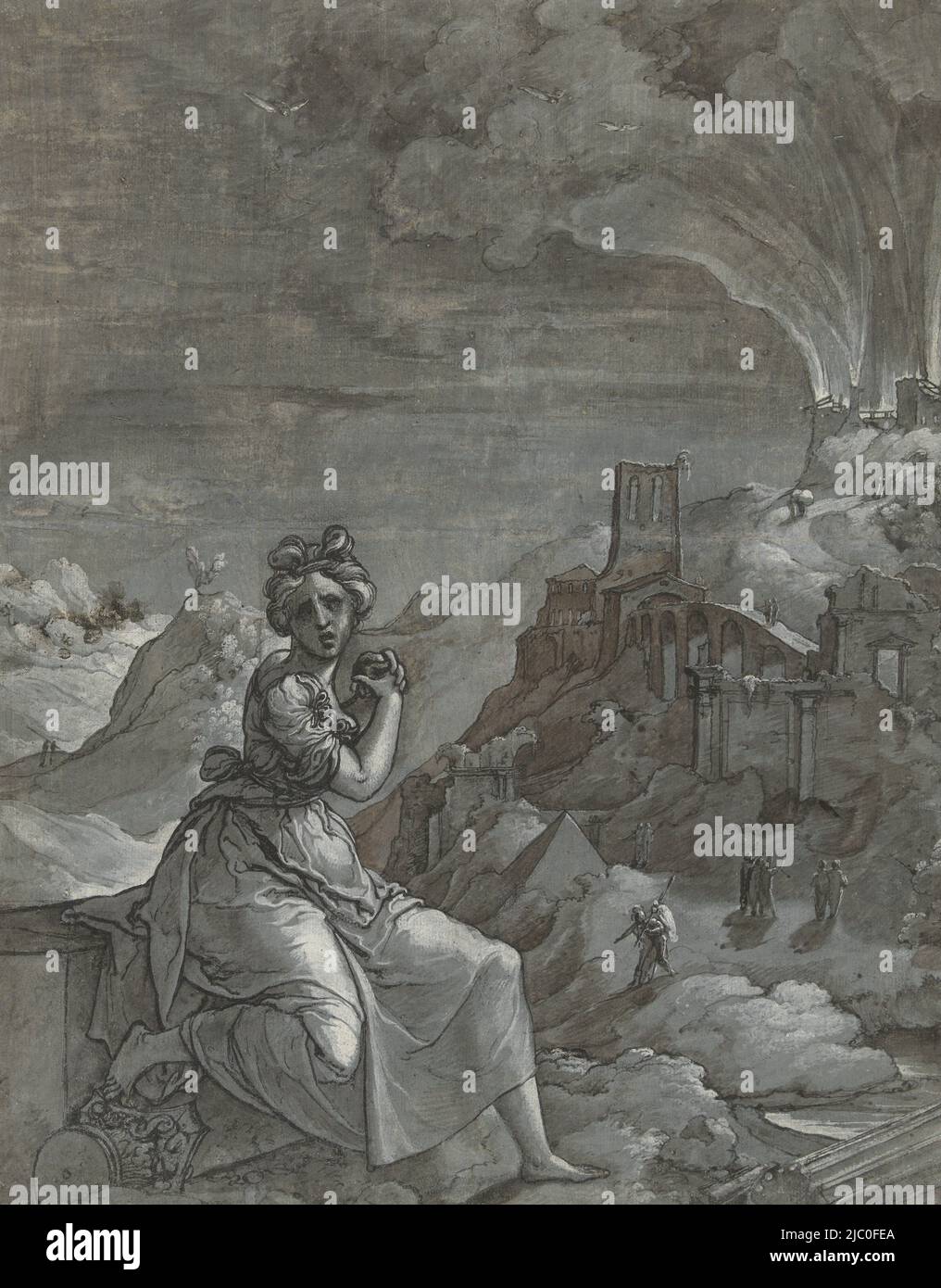 Cassandra est assise au premier plan, sa tête habituée au spectateur. Elle déplore la destruction de la ville de Troy, qui monte en flammes à l'arrière-plan. En bas à droite une colonne cassée, Cassandra grive sur la destruction de Troie., rapporteur pour avis: Jan Swart van Groningen, 1550 - 1555, papier préparé, stylo, pinceau, h 360 mm × l 283 mm Banque D'Images