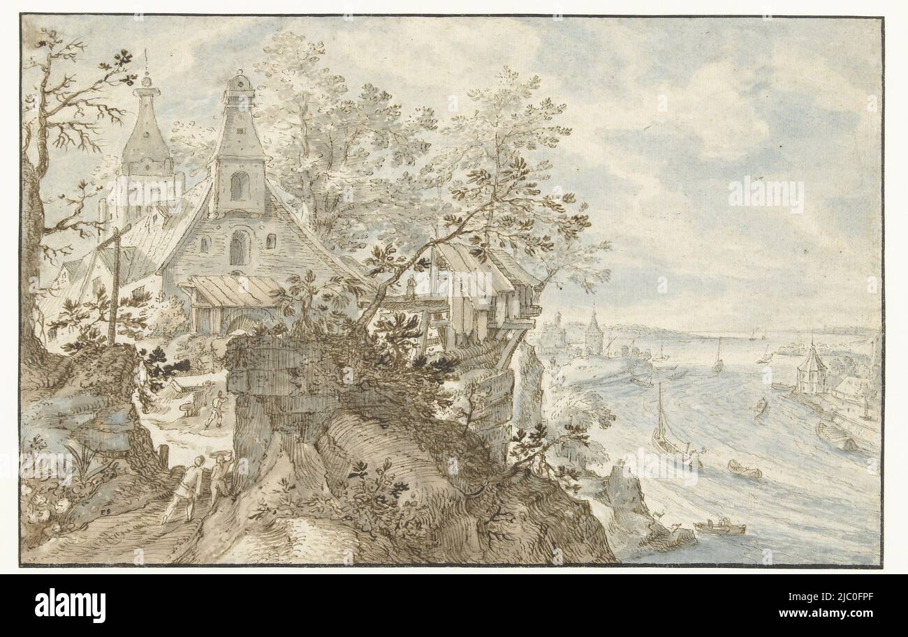 Dessin pour un imprimé, rivière avec une chapelle à gauche, dessinateur: Pieter Stevens (I), dessinateur: Pieter Stevens (II), 1590 - 1610, papier, stylo, pinceau, h 217 mm × l 337 mm Banque D'Images