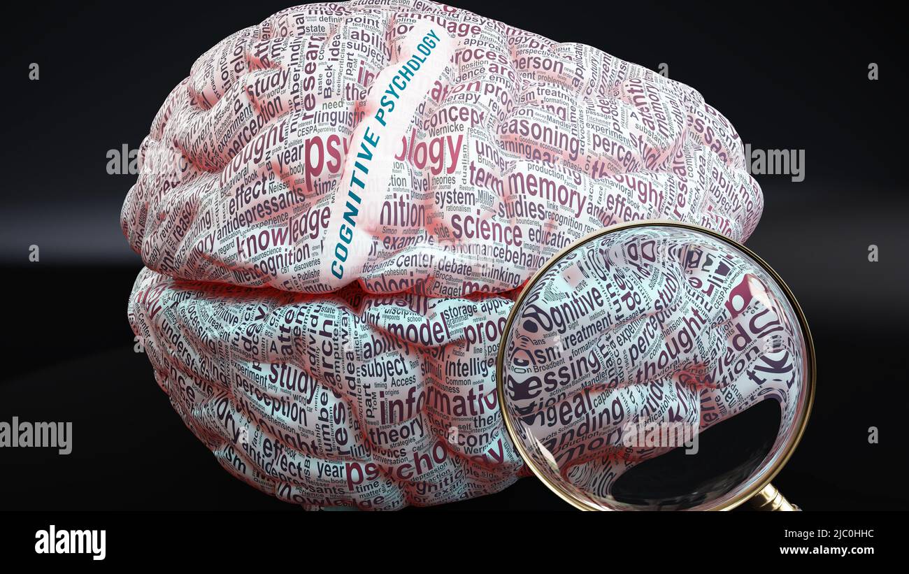 Psychologie cognitive et esprit humain - des centaines de concepts cruciaux liés à la psychologie cognitive projetés sur un cortex pour démontrer pleinement large Banque D'Images