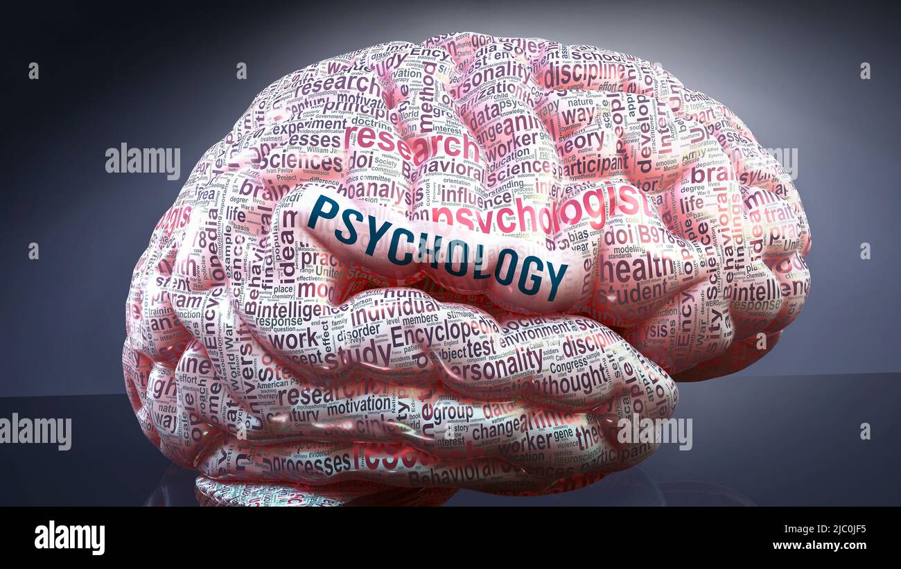 Psychologie dans le cerveau humain, des centaines de termes cruciaux liés à la psychologie projetés sur un cortex pour montrer une large étendue de la condition et pour expliquer Banque D'Images