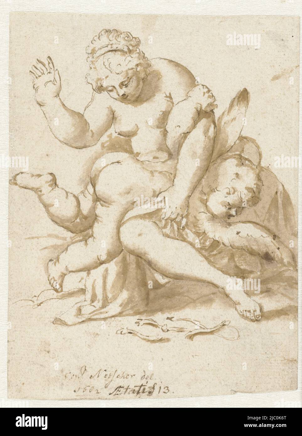 Venus chastes Amor, rapporteur pour avis: Constantijn Netscher, 1682, papier, stylo, brosse, h 118 mm × l 89 mm Banque D'Images