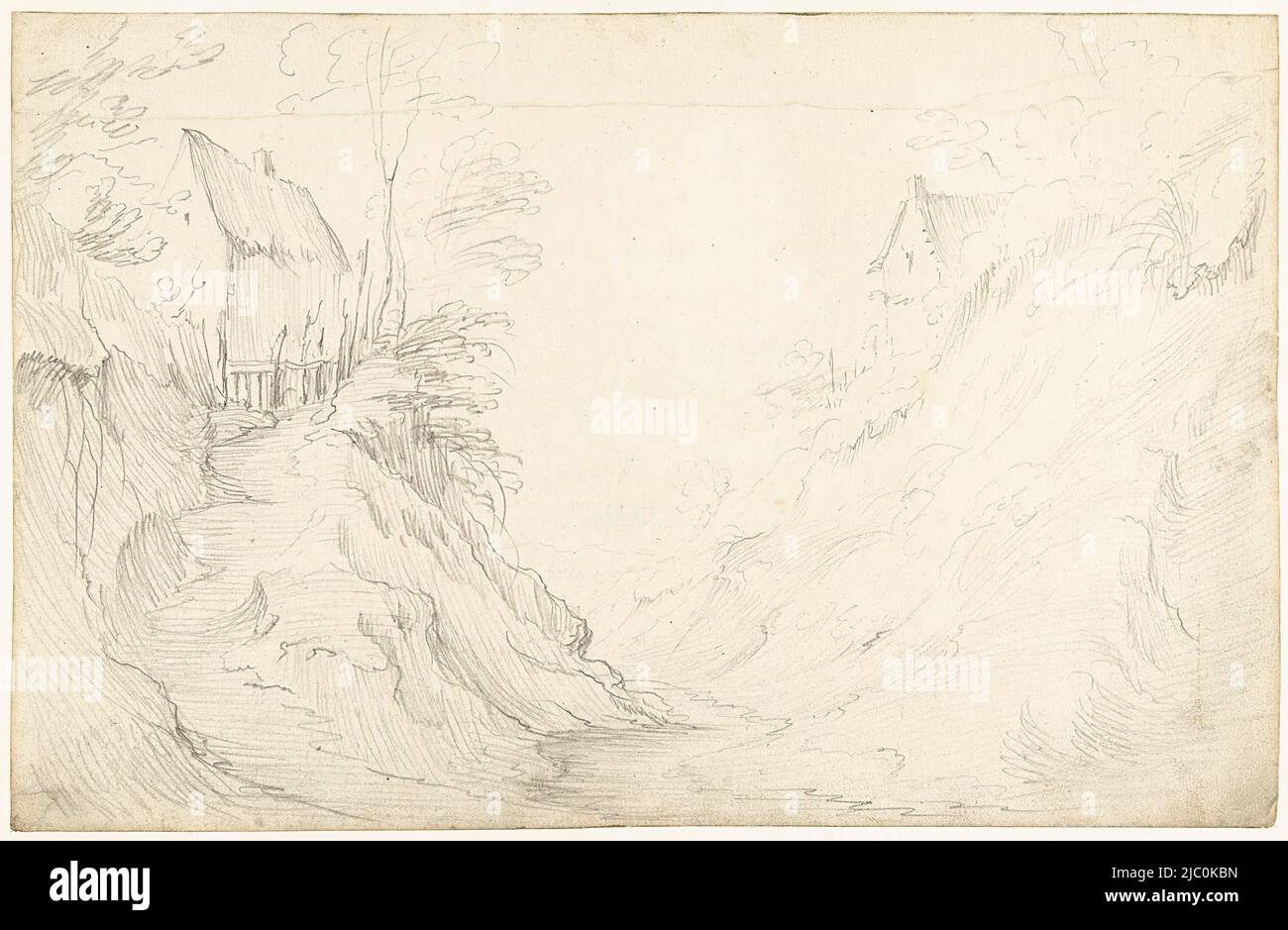 Paysage avec ruisseau entre deux collines sur lesquelles les maisons, dessinateur: David Teniers (II), dessinateur: Lodewijk de Vadder, 1620 - 1690, papier, h 204 mm × l 316 mm Banque D'Images