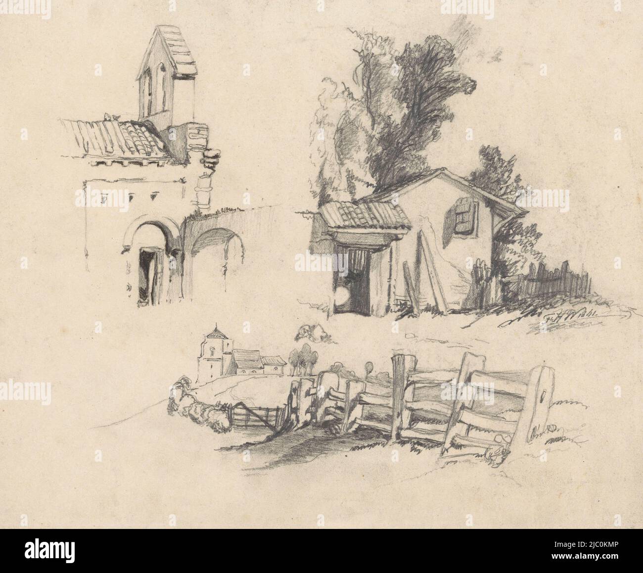 Trois études d'une église, d'un chalet et d'une clôture, dessinateur: Frederik Hendrik Weissenbruch, 1841, papier, h 216 mm × l 265 mm Banque D'Images