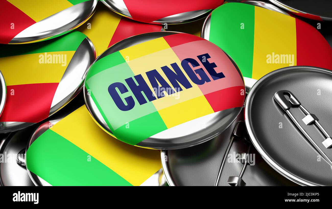 Changement au Mali - drapeau national du Mali sur des dizaines de boutons de pinback symbolisant le changement à venir dans ce pays. ,3d illustration Banque D'Images