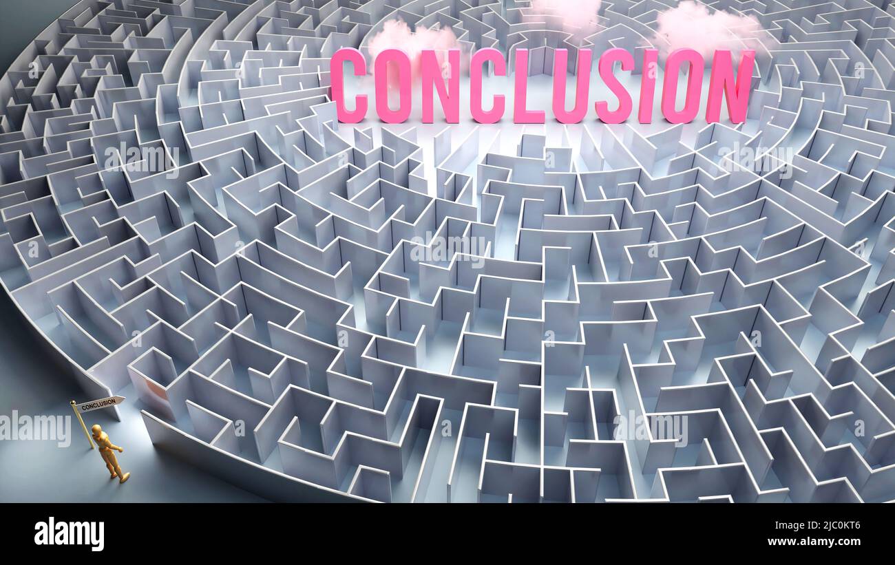Conclusion et chemin difficile, confusion et frustration dans la recherche, voyage difficile qui mène à la conclusion,3D illustration Banque D'Images