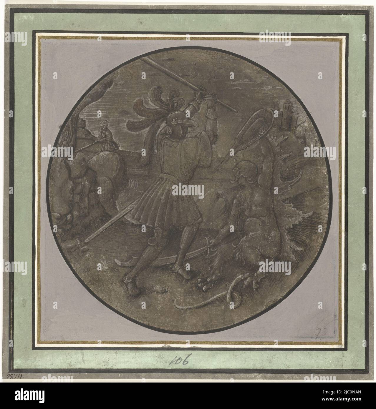 Design pour vitrail, Hercules bat l'Hydra de Lerna, dessinateur: Anonyme, Anvers, 1510 - 1530, papier préparé, stylo, d 216 mm Banque D'Images