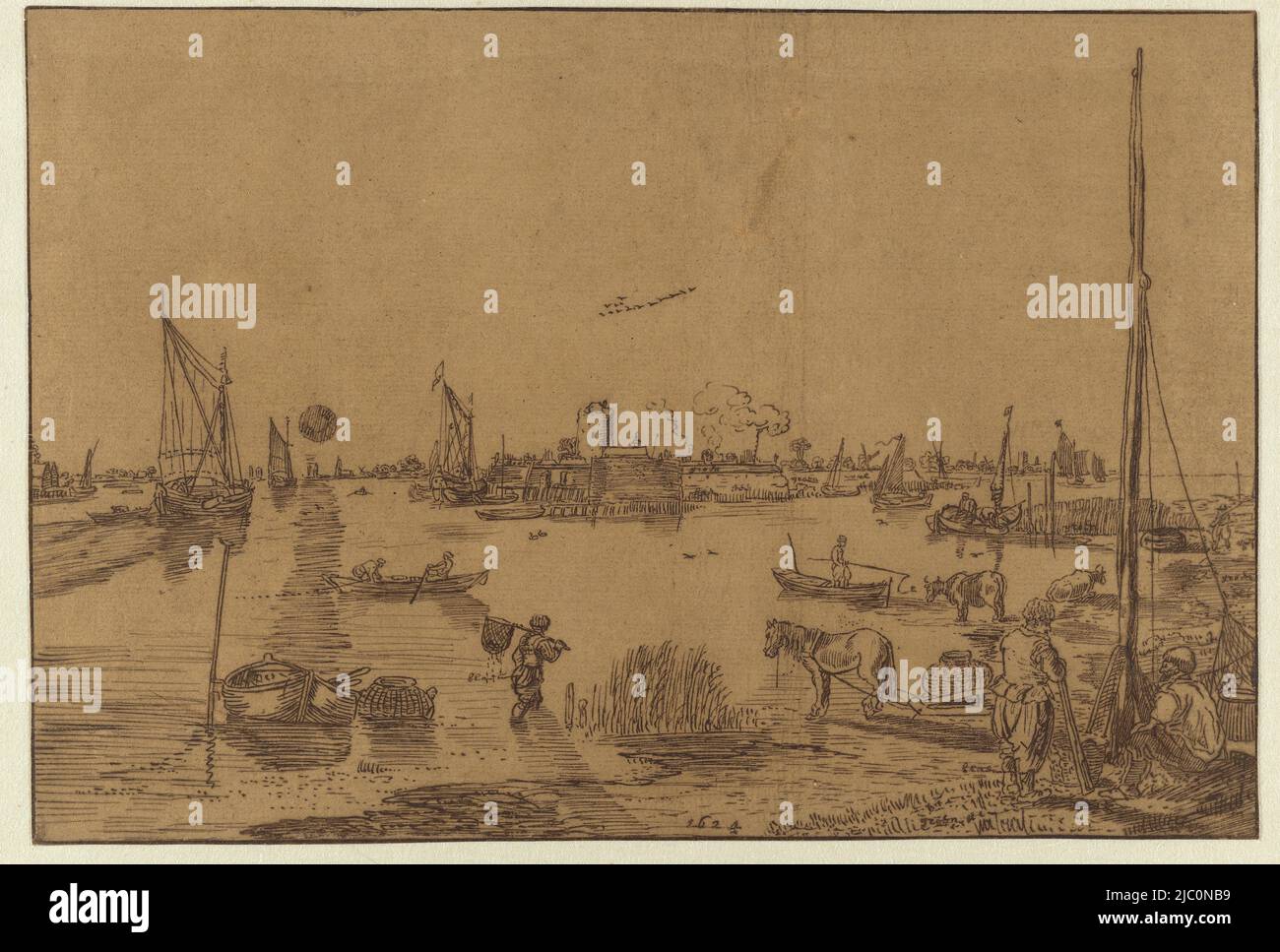 Vue d'une rivière large avec des pêcheurs sur la rive et sur l'eau, paysage de soirée avec des pêcheurs., dessinateur: Hendrick Avercamp, (peut-être), dans ou après 1624, papier, stylo, h 190 mm × l 279 mm Banque D'Images