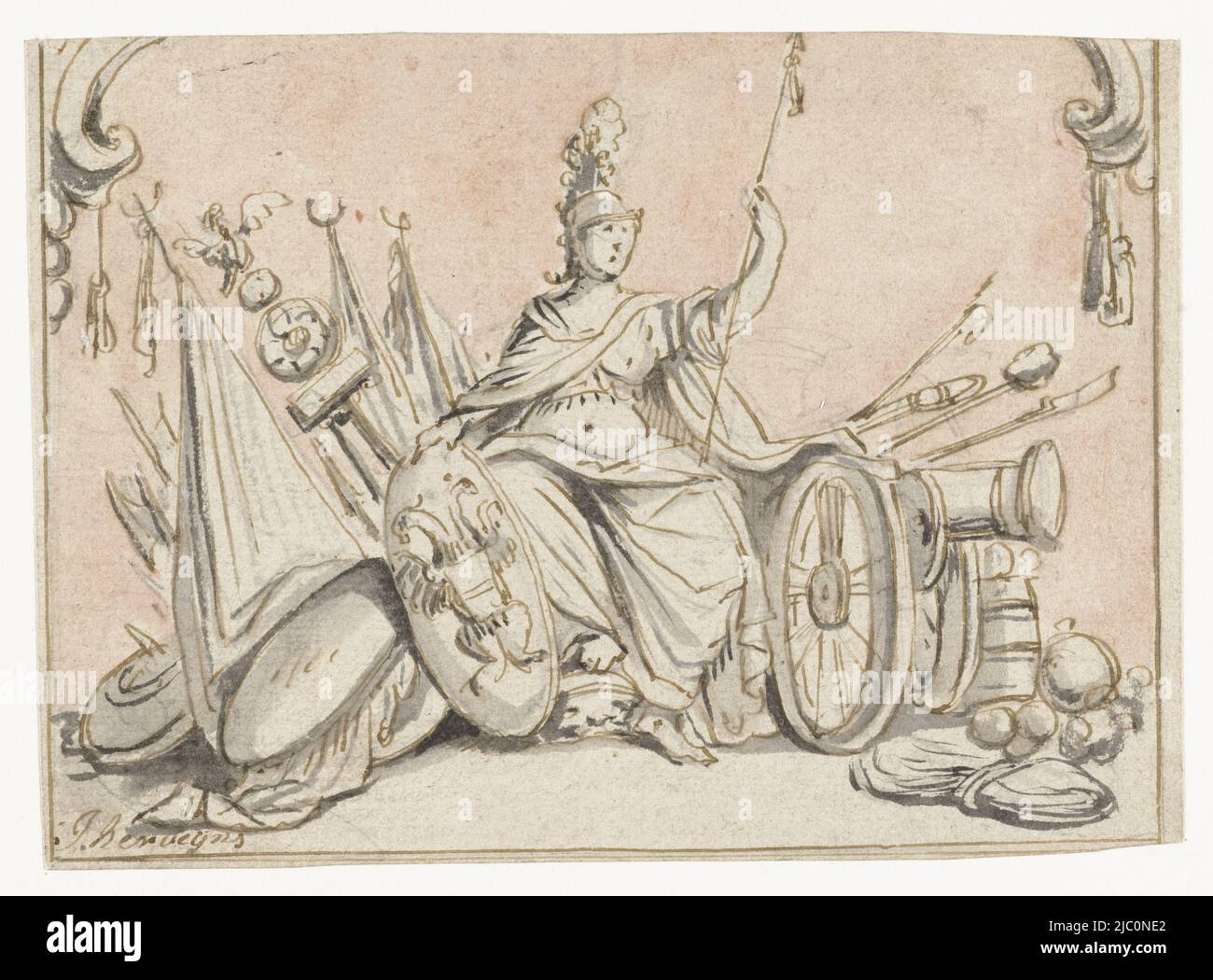 Minerva parmi les attributs martiaux, dessinateur: Jacob Herreyns (I), 1653 - 1732, papier, stylo, pinceau, h 115 mm × l 158 mm Banque D'Images