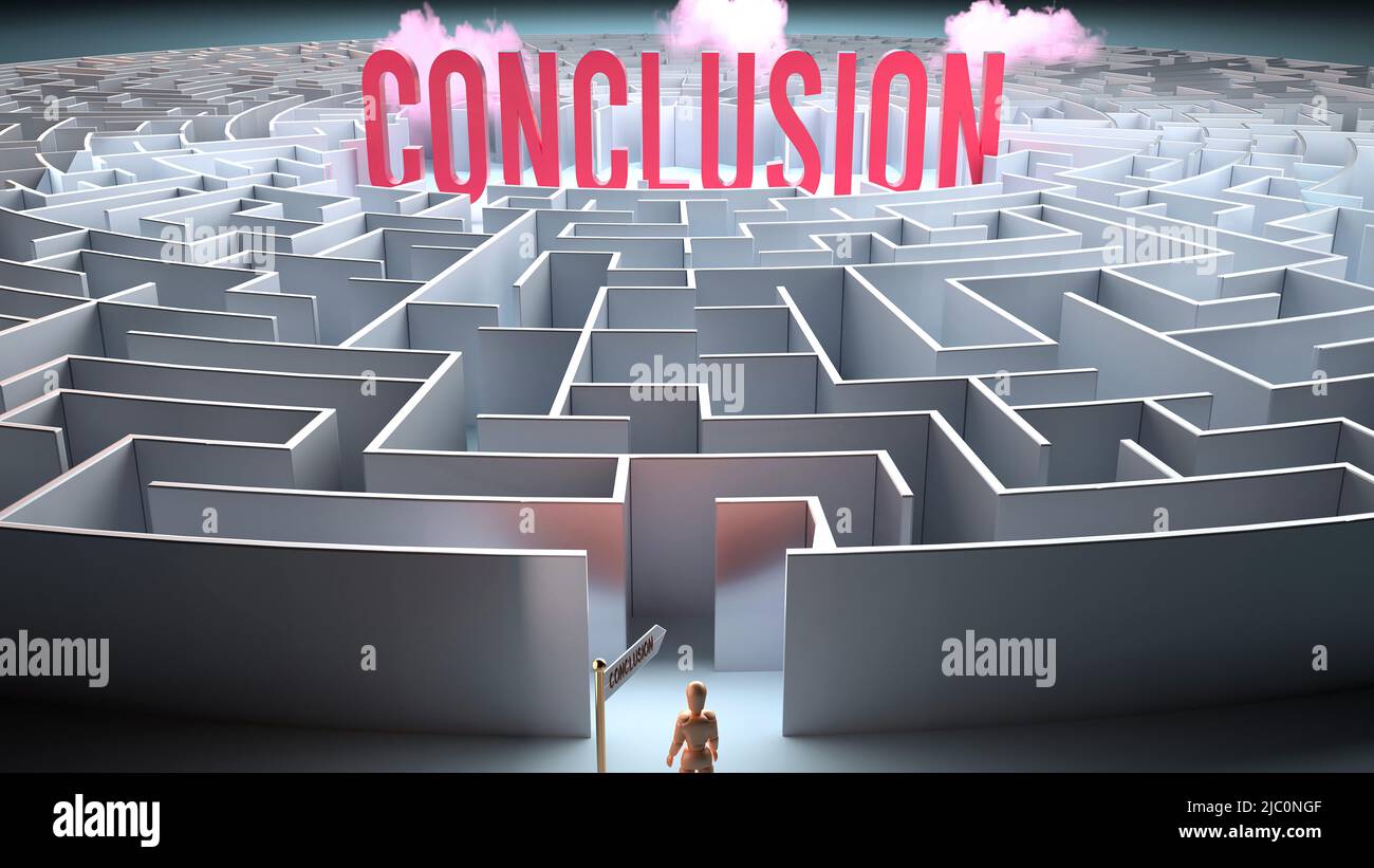 Conclusion et un chemin difficile qui mène à elle - confusion et frustration dans la recherche, voyage compliqué à la conclusion,3D illustration Banque D'Images