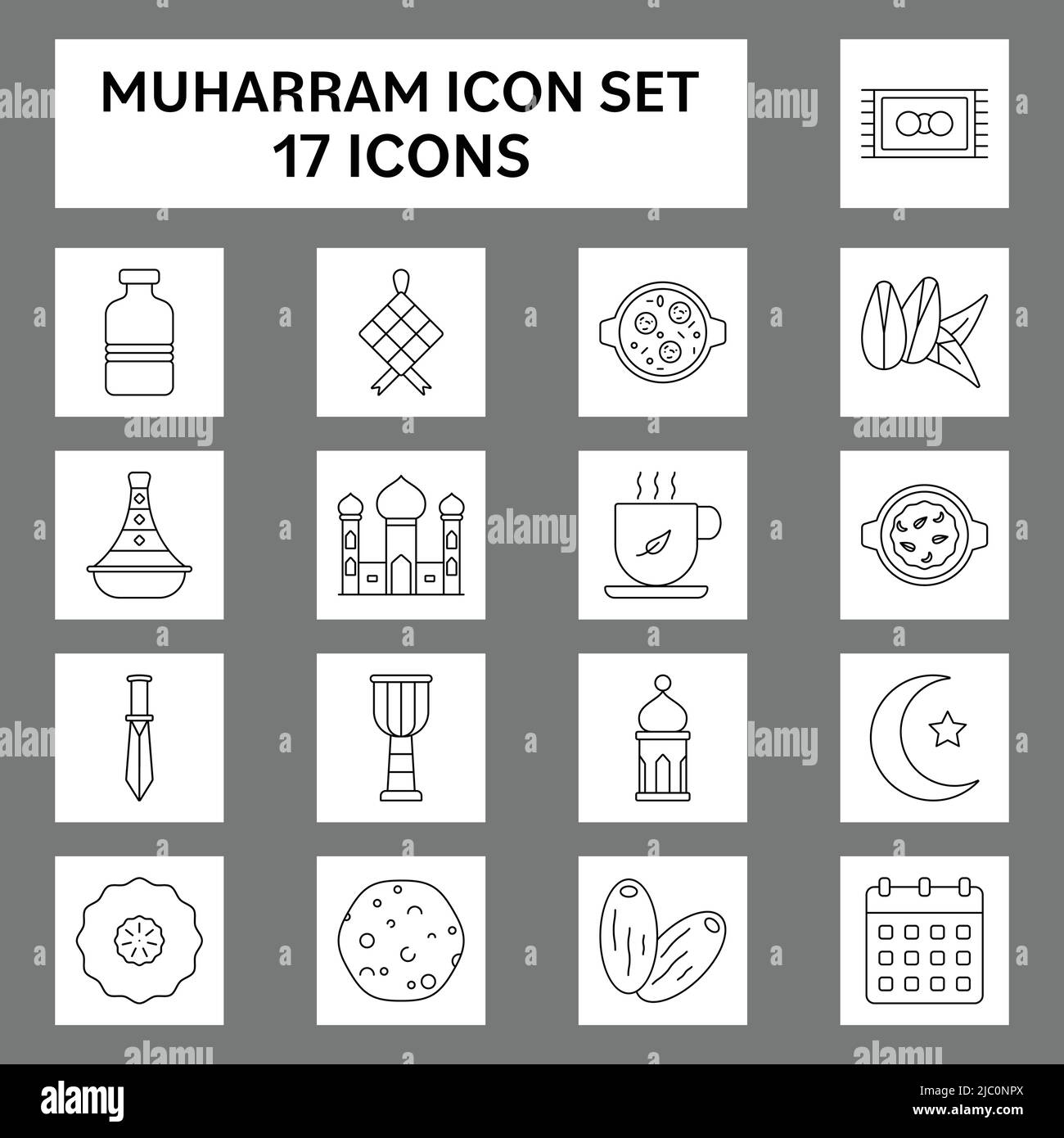 17 Muharram Line Art Icon sur fond carré gris et blanc. Illustration de Vecteur