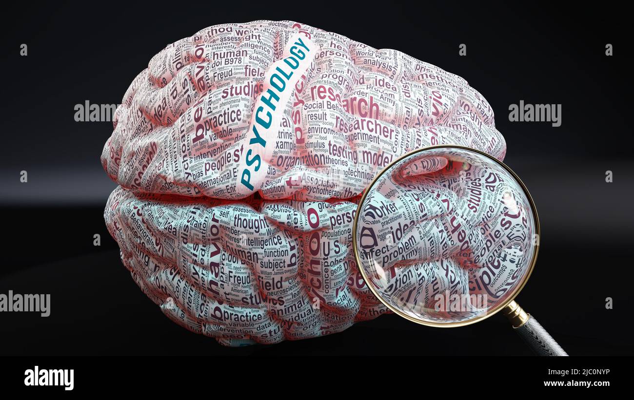 Psychologie et esprit humain - des centaines de concepts cruciaux liés à la psychologie projetés sur un cortex pour démontrer pleinement l'étendue de ce sujet Banque D'Images