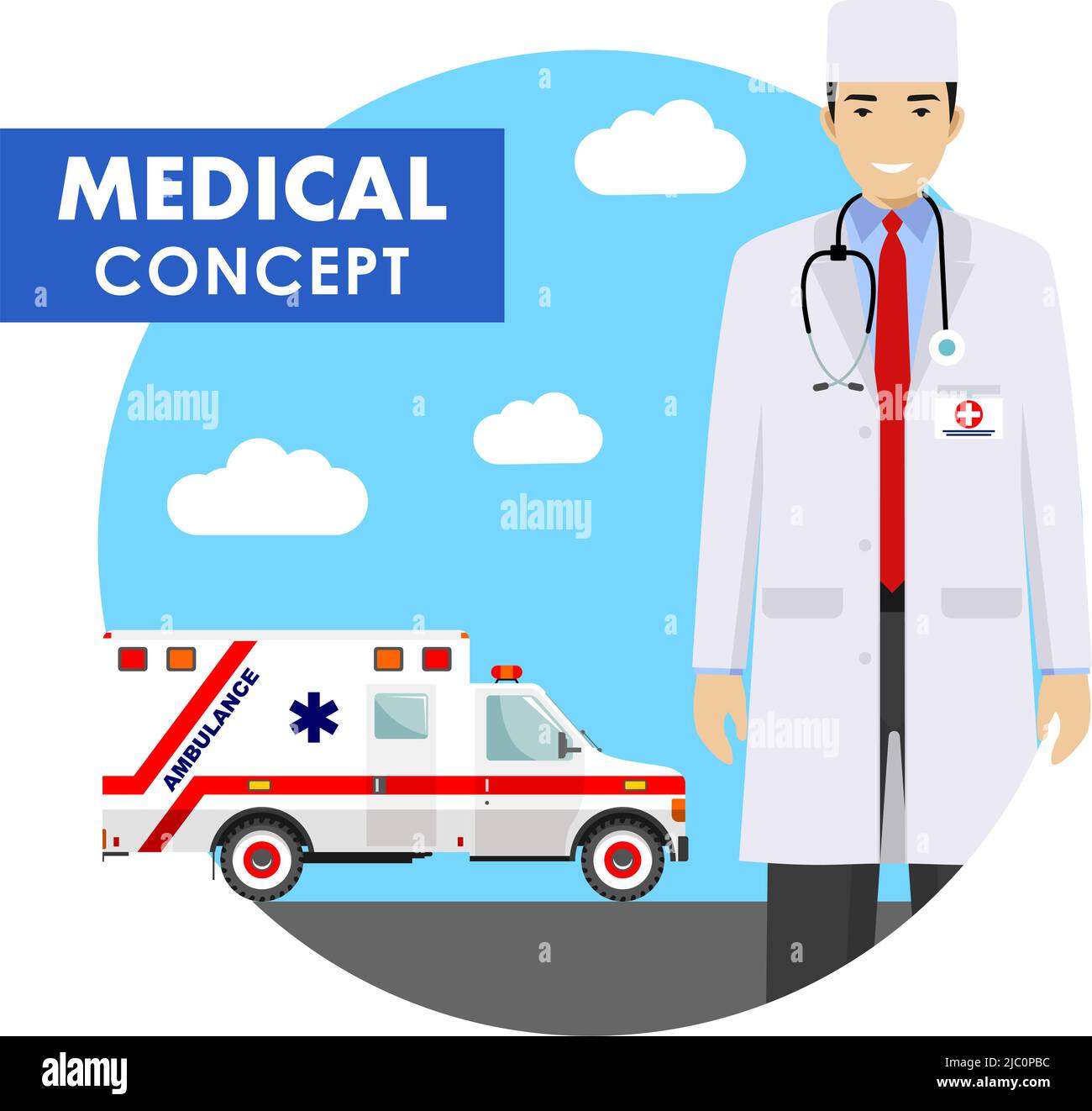 Concept médical. Illustration détaillée de personnes médicales en uniforme sur fond avec voiture d'ambulance dans le style plat. Illustration vectorielle. Illustration de Vecteur