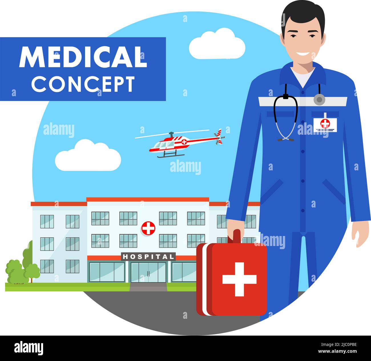 Concept médical. Illustration détaillée de personnes médicales en uniforme sur fond avec centre médical et hélicoptère volant de style plat. Vecteur illu Illustration de Vecteur