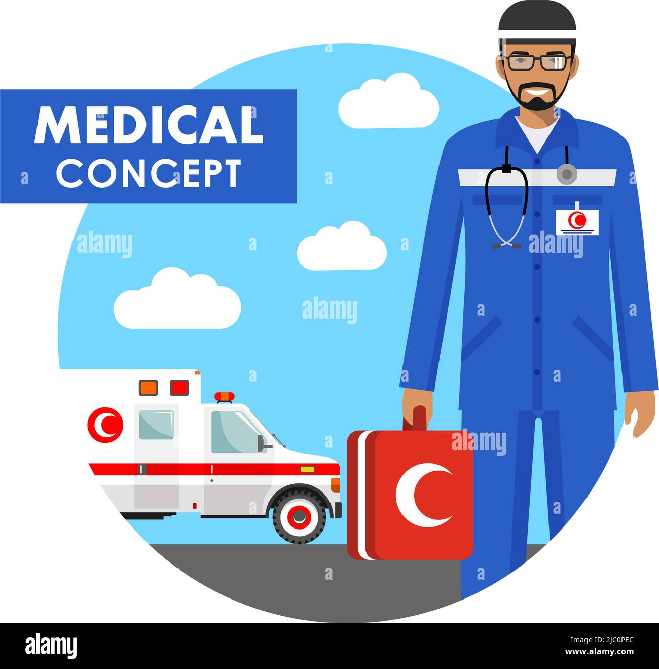 Concept médical. Illustration détaillée des médecins musulmans en uniforme sur fond avec une ambulance médicale de style plat. Illustration vectorielle Illustration de Vecteur