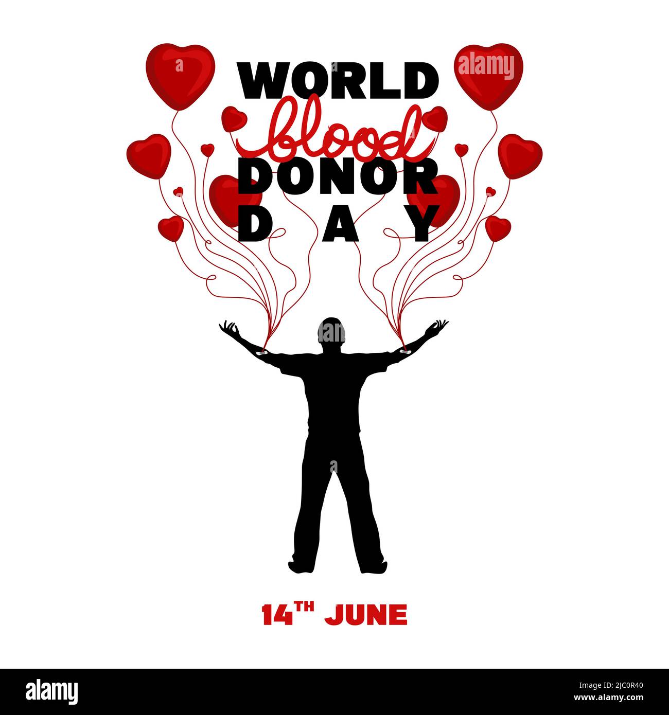 Affiche de la Journée mondiale du don de sang, l'homme donne du sang, un sac de sang, un cœur et un vecteur de silhouette humaine Illustration de Vecteur