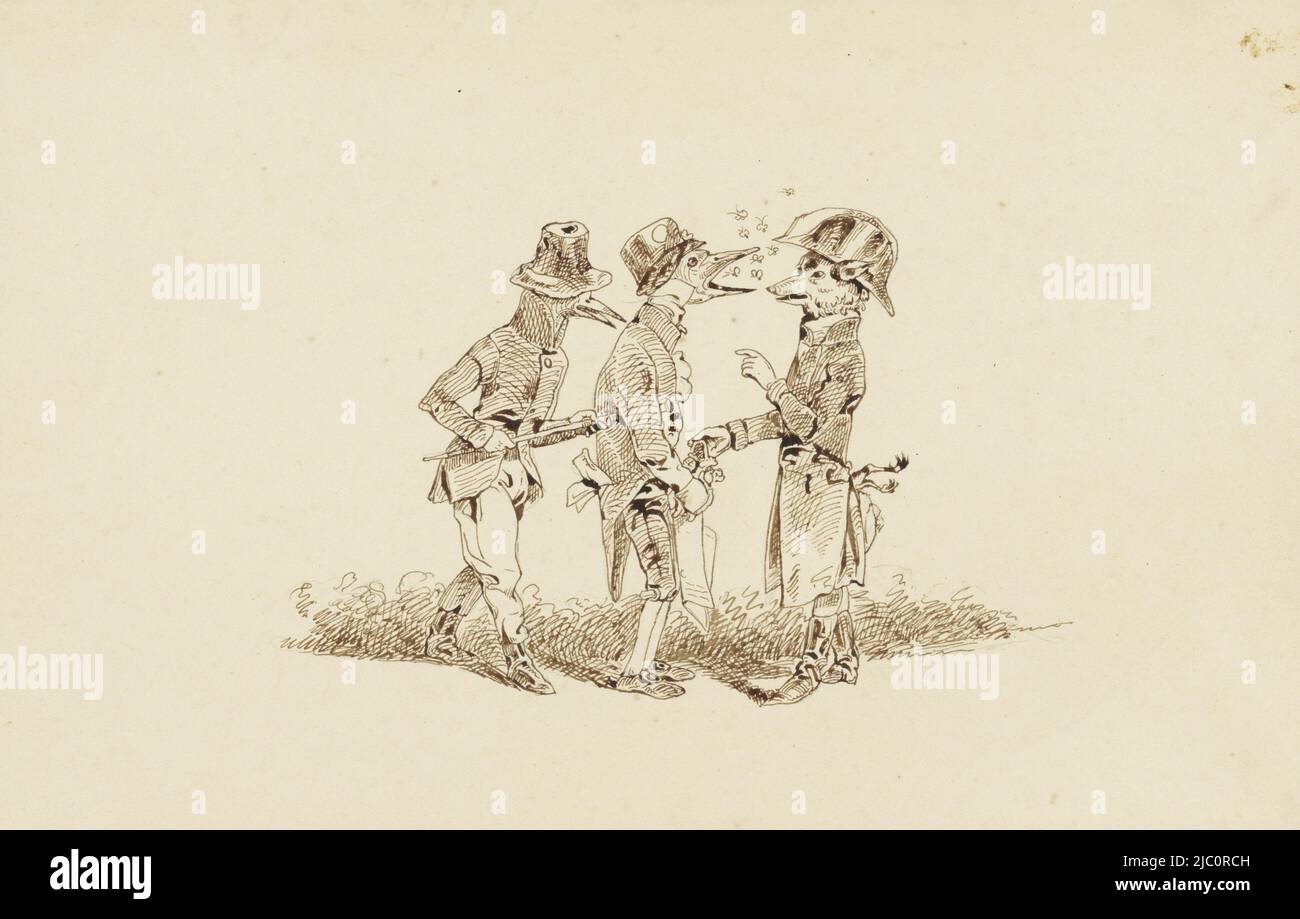Un renard, venant de la droite, portant un poulet à côté, en conversation avec deux étoiles, deux étoiles et un renard sept dessins de plume de figurines d'animaux par Wilhelm Koller (titre de la série), dessinateur: Wilhelm Koller, 1839 - 1884, papier, stylo, h 169 mm × l 264 mm Banque D'Images