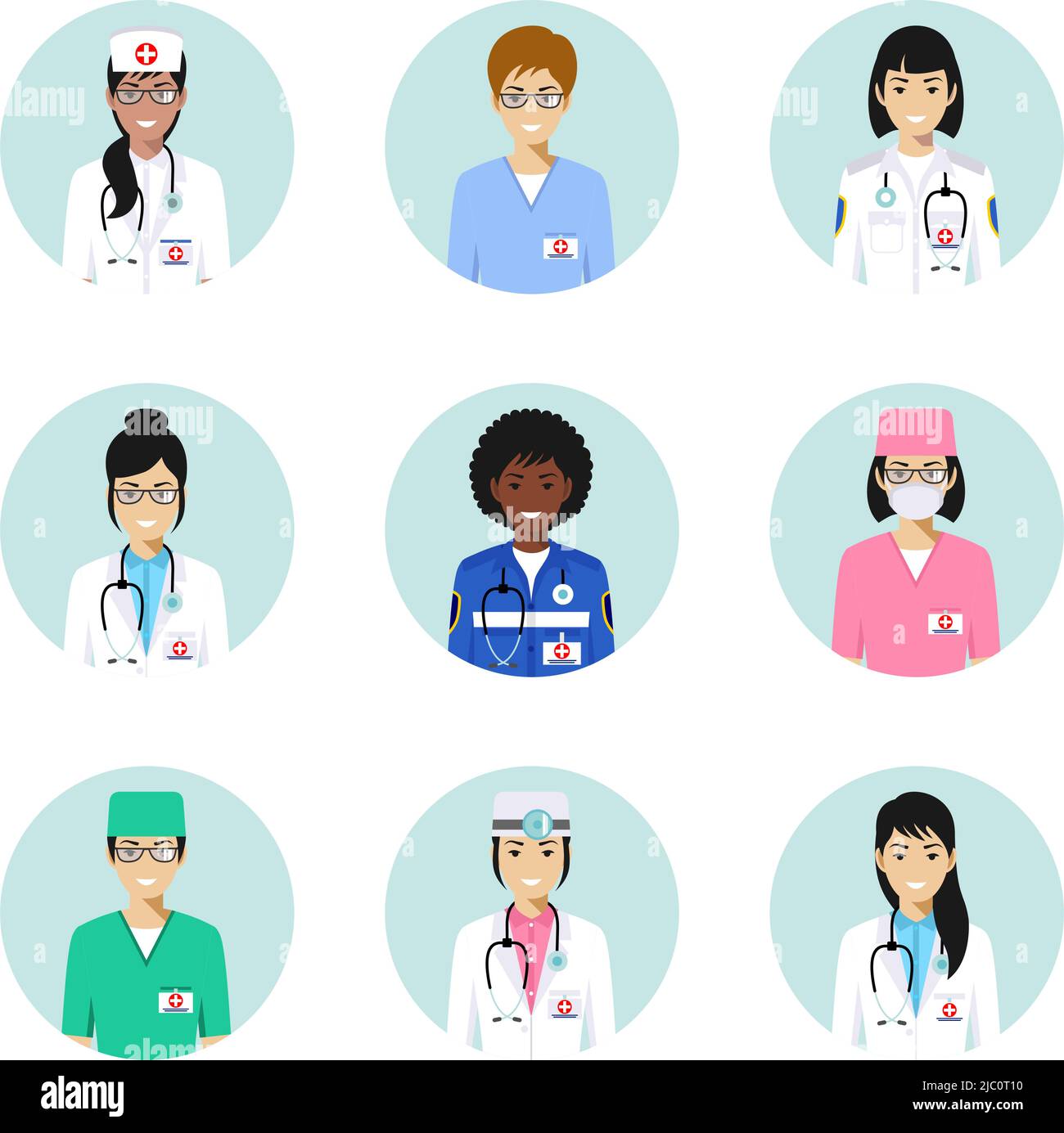 Concept médical. Ensemble de personnel médical coloré dans des icônes de style plat: Médecins et infirmières. Illustration vectorielle. Illustration de Vecteur