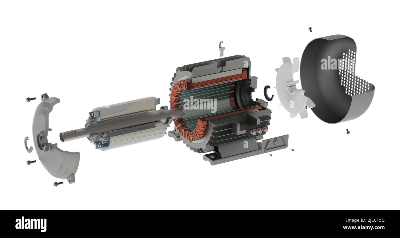 Moteur électrique, vue éclatée 3D, illustration isolée sur fond blanc Banque D'Images