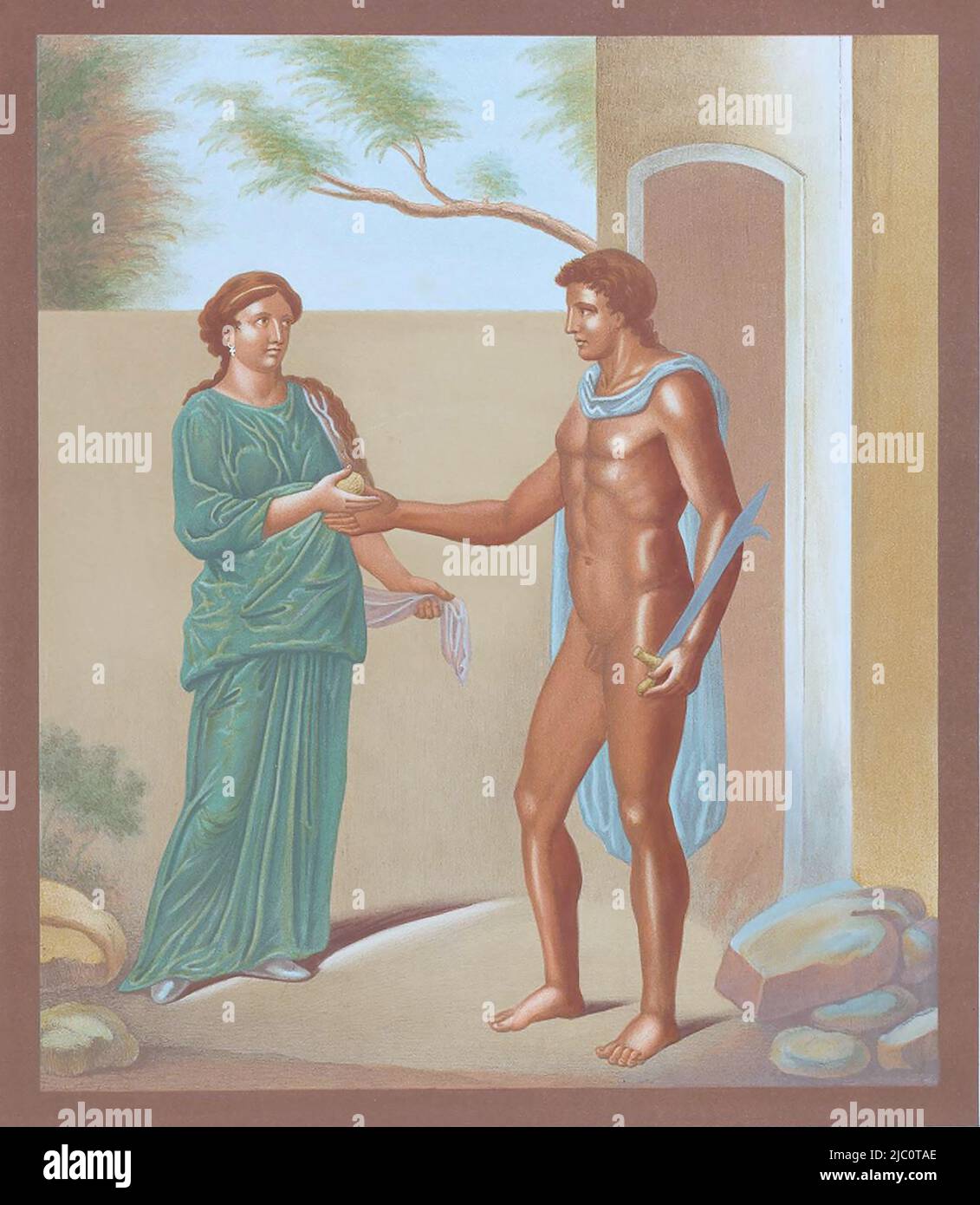 Theseus, ein Hold der griechischen Mythologie, König von Athen und Ariadne, in der griechischen Mythologie die Tochter des kretischen Königs Minos und seiner Gattin Pasiphaë, Pompemalerei, Fresko aus dem Ariischen Pompeji, Digital historiert / Theseus, un héros grec et mythologique Dans la mythologie grecque, la fille du roi crétois Minos et sa femme Pasiphaë, peinture murale, fresque de Pompéi historique, restaurée numériquement Banque D'Images